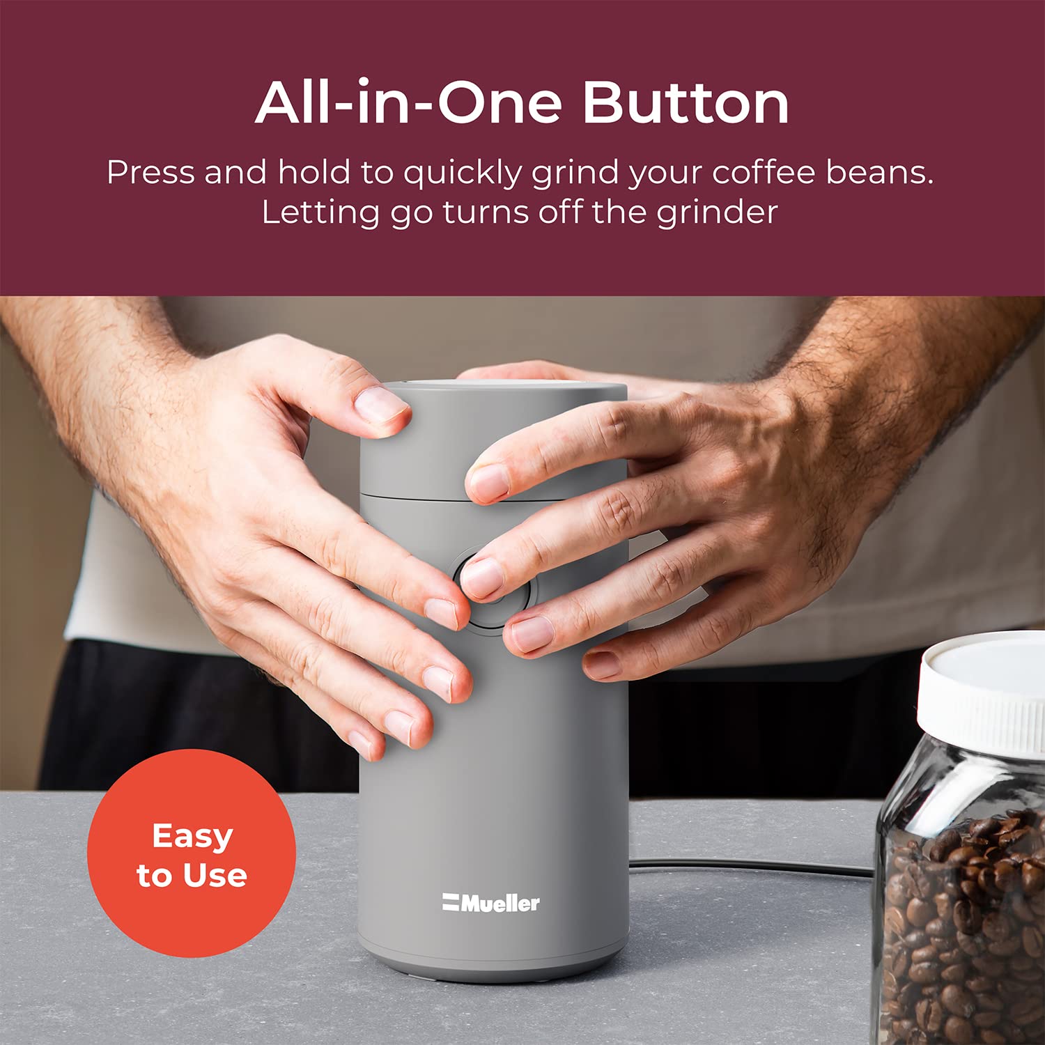 Premium MuellerLiving Electric Coffee Grinder - Stainless Steel Blades for Coffee Beans, Spices, Nuts & Herbs - Fast & Quiet Grinding - Perfect for Home Kitchens, Camping & Coffee Shops (Gray)