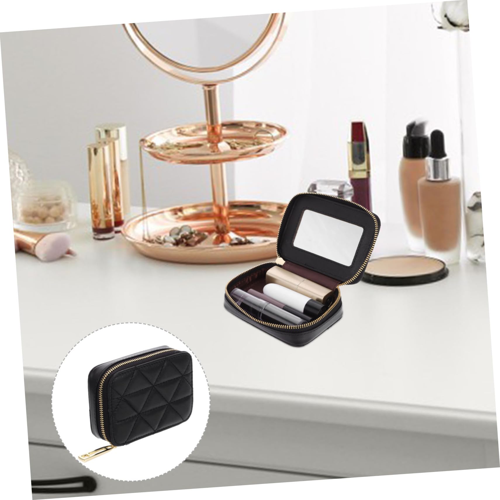 Premium Cowhide Makeup Bag with Mirror - Travel Cosmetic Organizer for Lipstick, Lip Gloss & Beauty Essentials | Stylish Small Storage Purse for Women & Girls | Perfect for Travel, Home & Daily Use