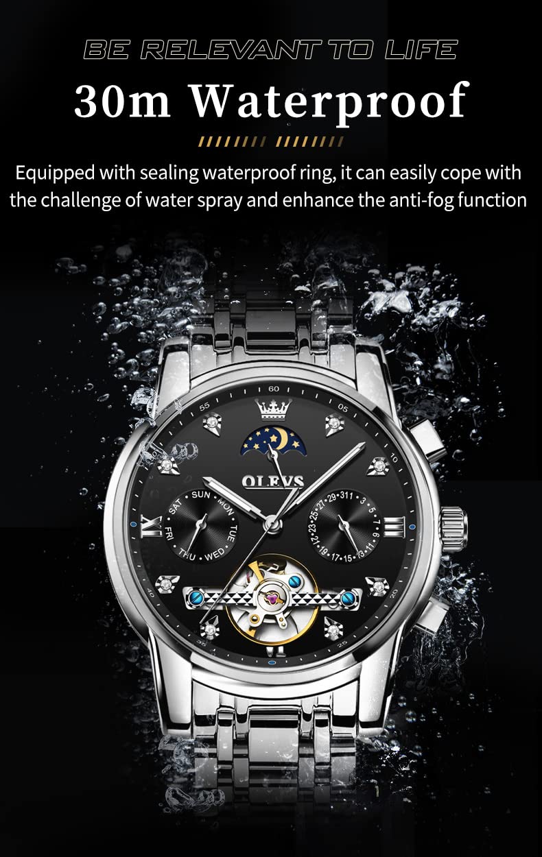 OLEVS Men's Automatic Luxury Watch with Diamond, Tourbillon & Moon Phase - Two-Tone Stainless Steel, Luminous, Waterproof - Perfect for Business, Formal Events & Gift Giving
