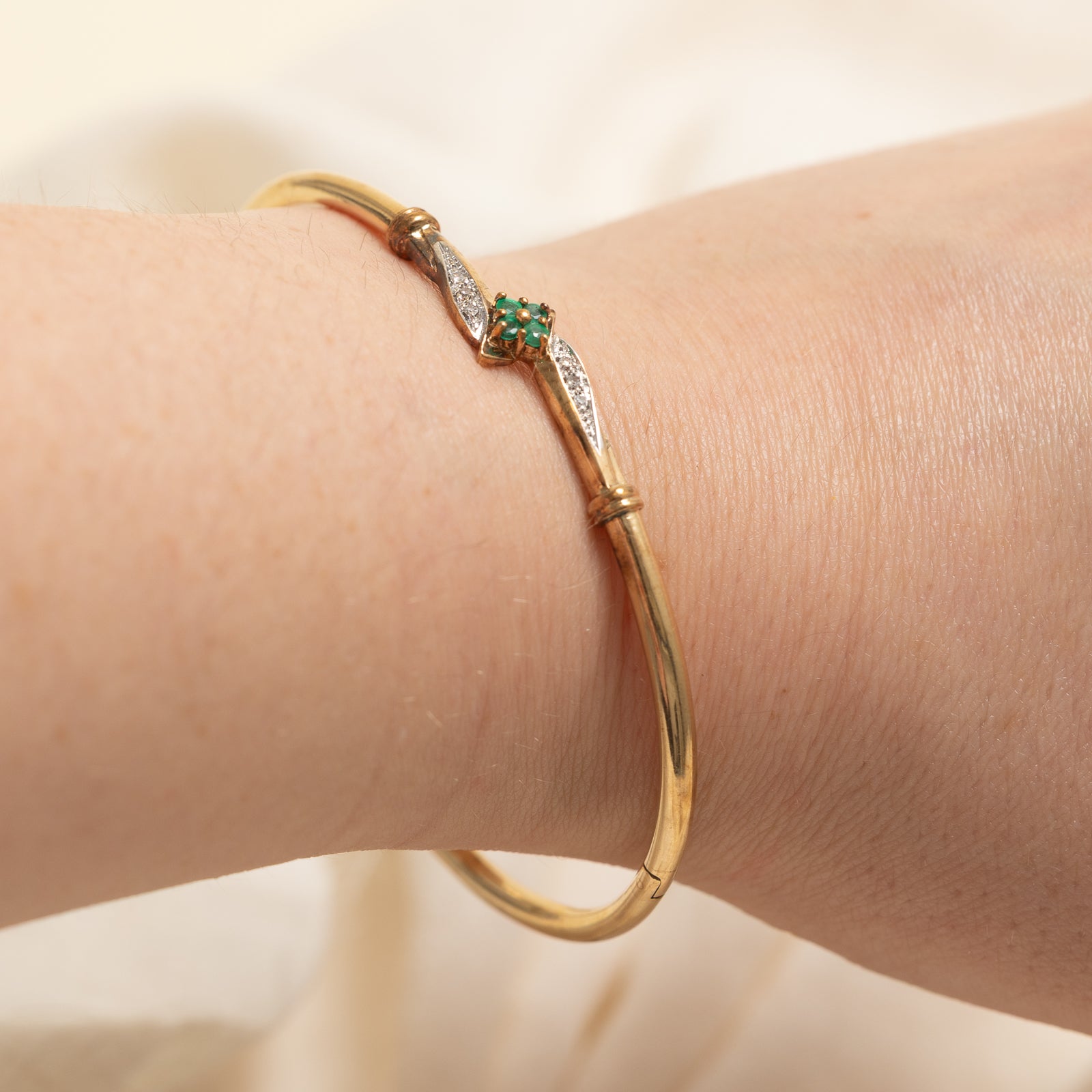 Emerald & Diamond Bangle Bracelet for Women - 0.08ctw Emerald & 0.03ctw Diamond - 7