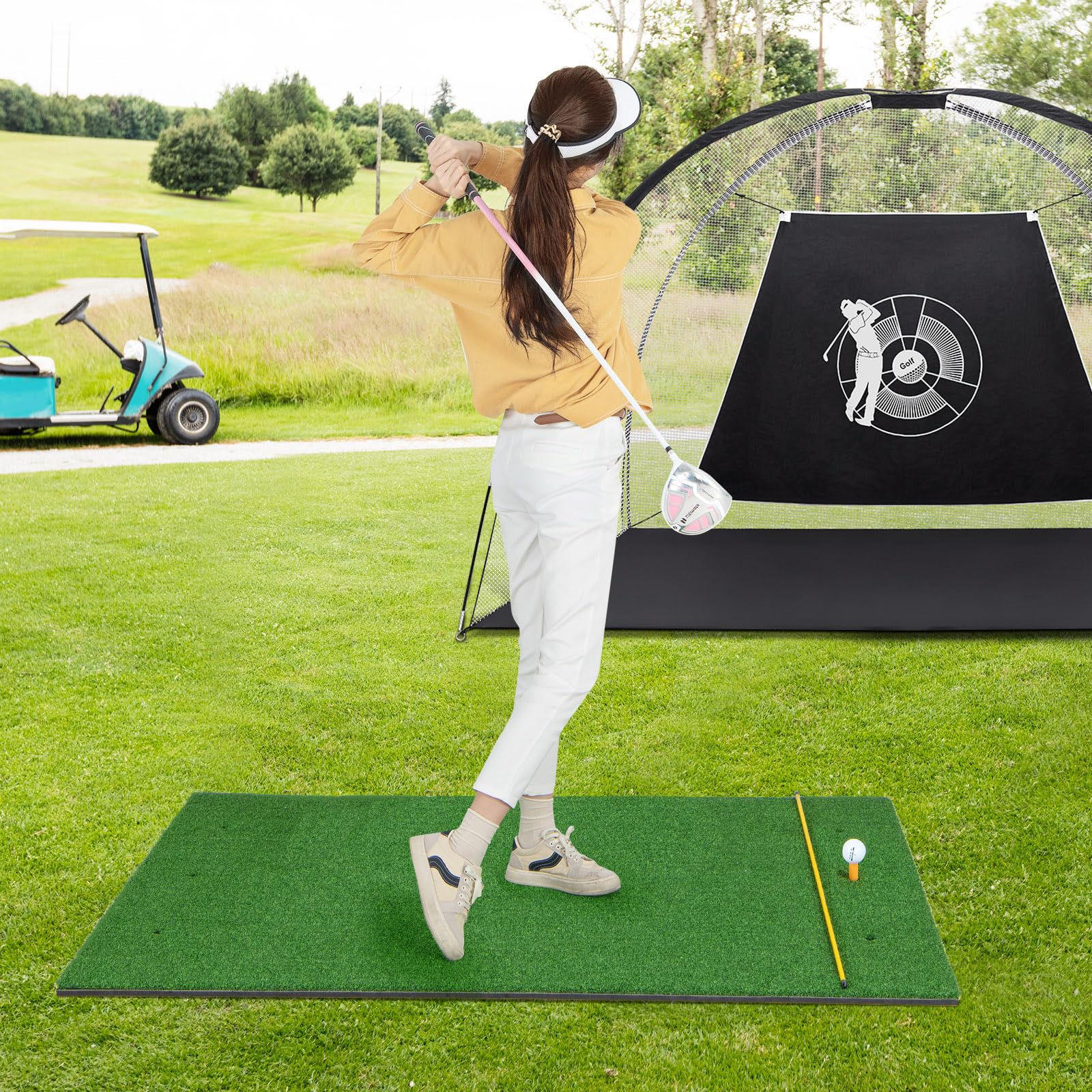 Tangkula Premium Golf Hitting Mat - Artificial Turf Practice Mat for Indoor/Outdoor Golf Training with 2 Rubber Tees & 2 Alignment Sticks - Perfect for Home, Backyard, Garage & Office Use