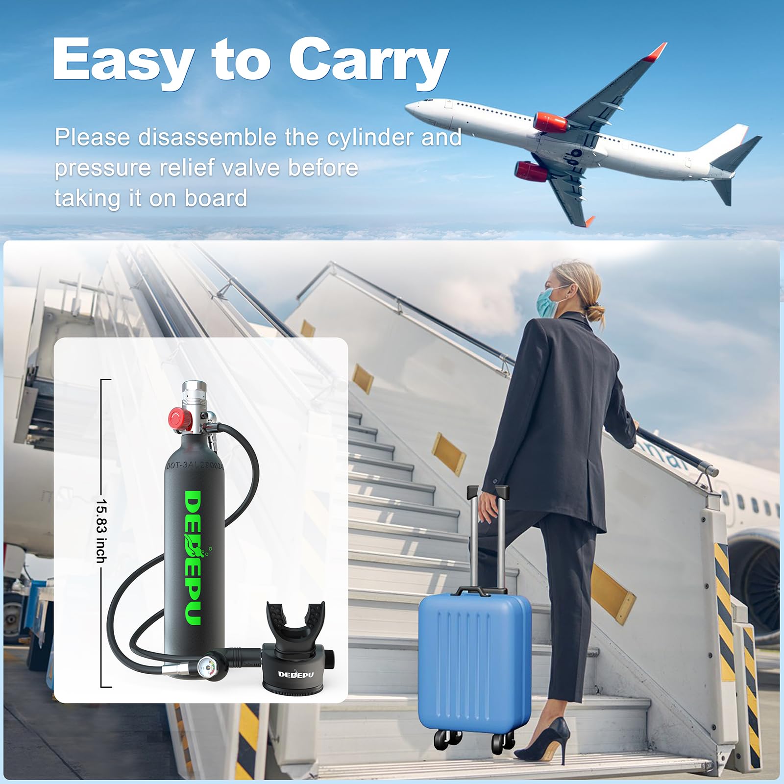 DEDEPU 1L Mini Scuba Tank - Portable Emergency Air Supply for Snorkeling, Scuba Diving & Water Sports | 15-20 Minute Backup Oxygen Cylinder | Ideal for Emergency Rescue, Spearfishing & Underwater Exploration