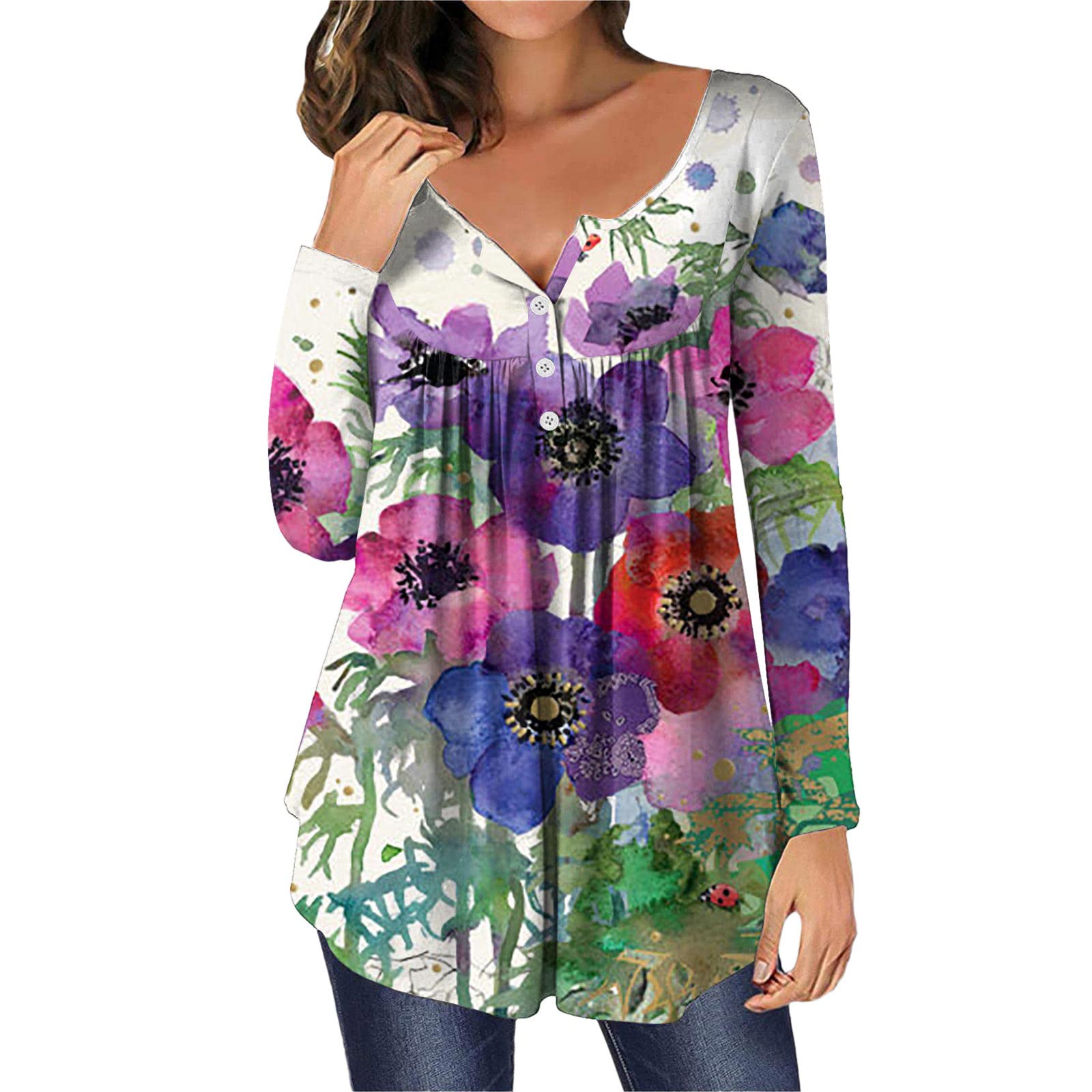 Women's Casual V-Neck Hide Belly Tops - Cute Printed Long Sleeve Shirts for Everyday Wear | Perfect with Leggings for Workout, Yoga & Lounge