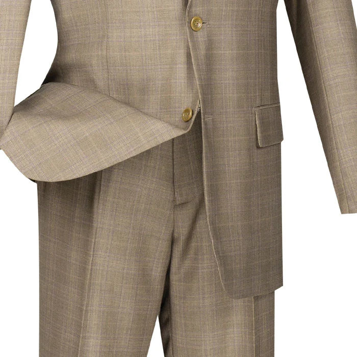 Pommy Collection Men's Glen Plaid 2-Piece Dress Suit Set - Regular Fit Tan Business Formal Attire for Weddings, Office & Special Occasions