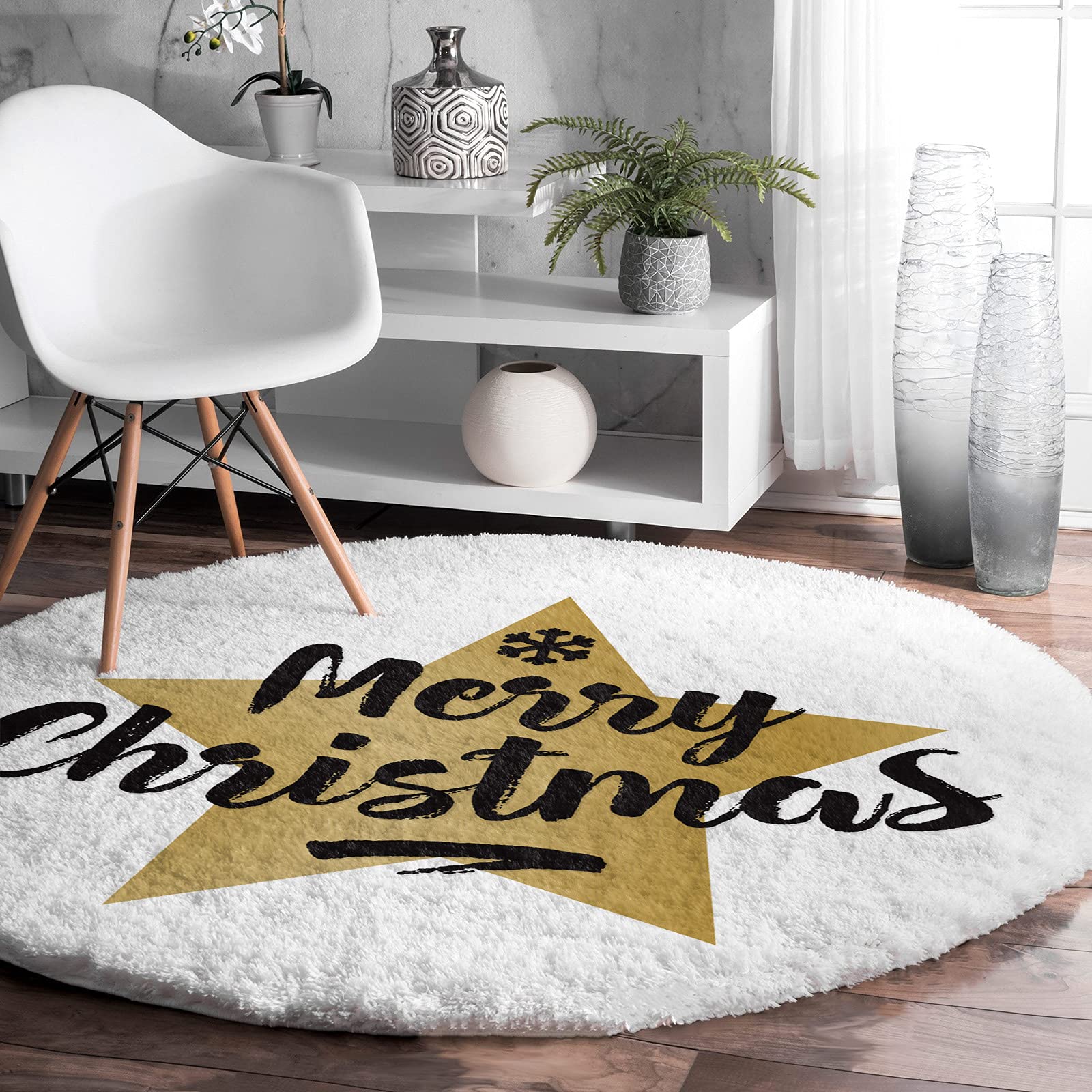 EwdeWwo 4ft Round Shag Area Rug - Soft Snowflake Star Design for Nursery, Kids Bedroom, Living Room | Indoor Christmas Home Decor for Cozy Winter Vibes