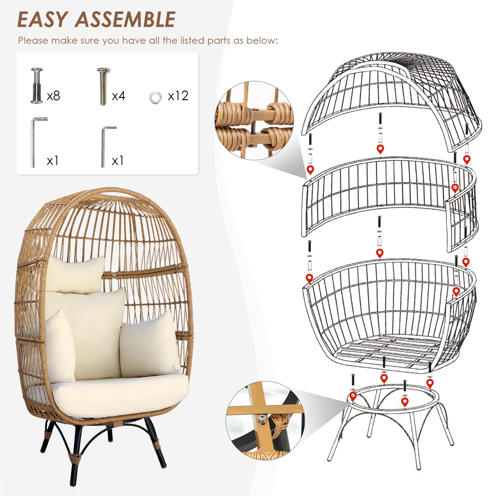 **RADIATA Oversized Wicker Egg Chair with 5 Cushions – 440lb Capacity, Heavy-Duty Steel Frame – Indoor & Outdoor Use for Patio, Backyard, Living Room (Beige) – Perfect for Relaxing, Reading, or Sunbathing**