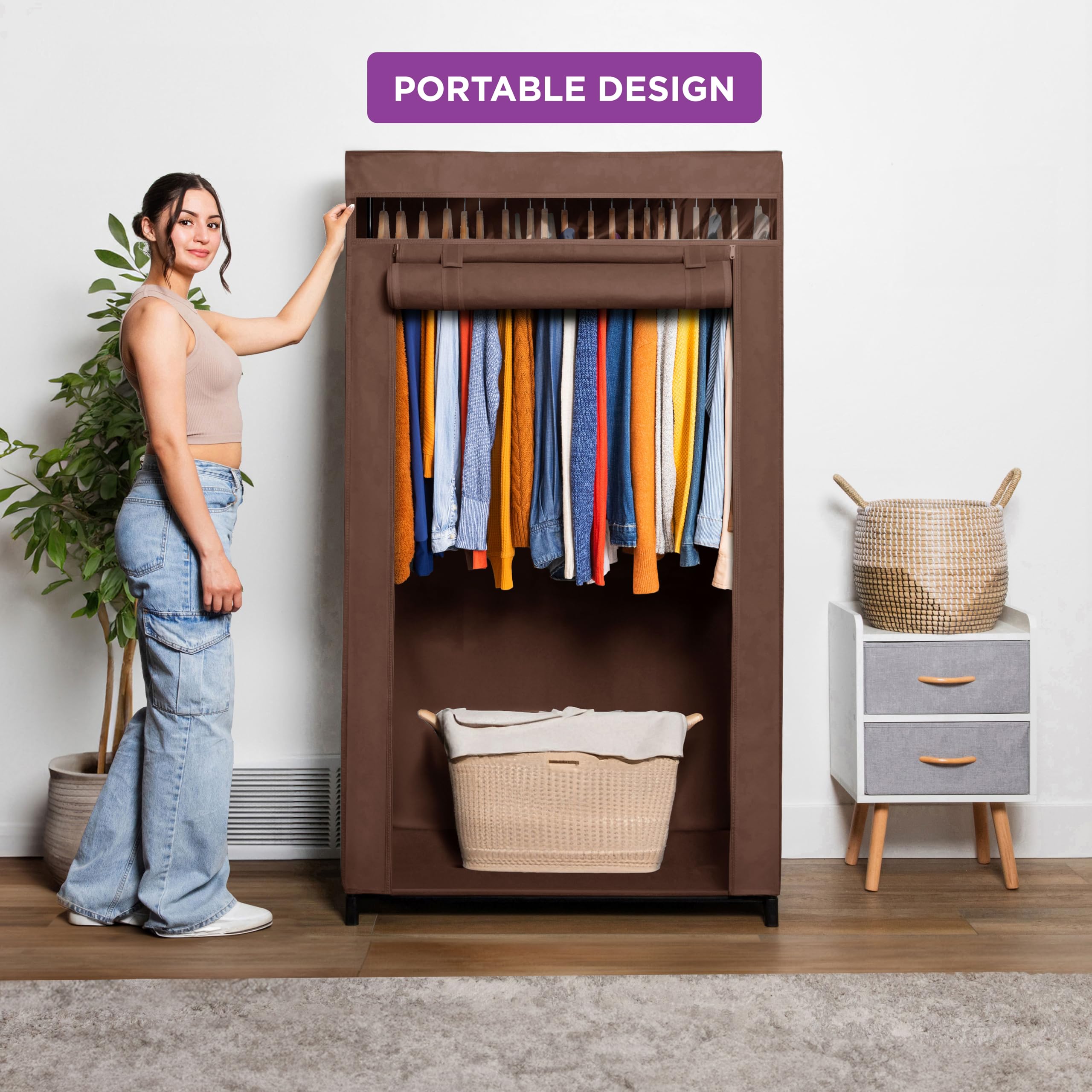 Premium HOLDN’ STORAGE Portable Wardrobe Closet with Metal Hanging Rod & Beige Cover - 65 Lb. Weight Capacity - Easy No-Tool Assembly (Brown) - Perfect for Travel, Camping, Dorm Rooms & Temporary Storage