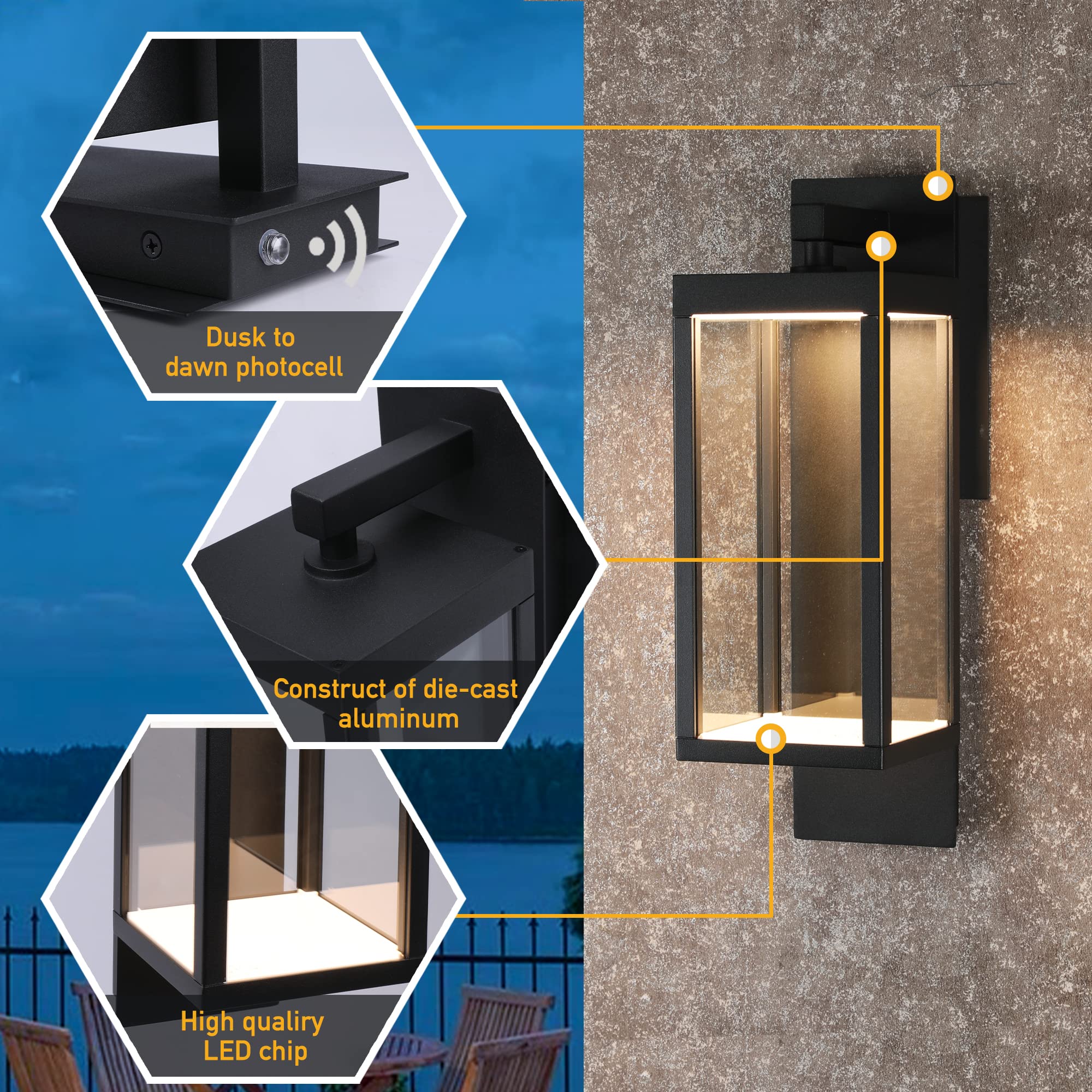 Black Outdoor Wall Sconce Lantern with Dusk to Dawn Sensor - 13W LED Exterior Light, IP54 Waterproof, 800 Lumens, 3000K Warm White - Aluminum Wall Mount Lighting for Porch, Front Door, Garden & Patio | Energy-Efficient & Weatherproof