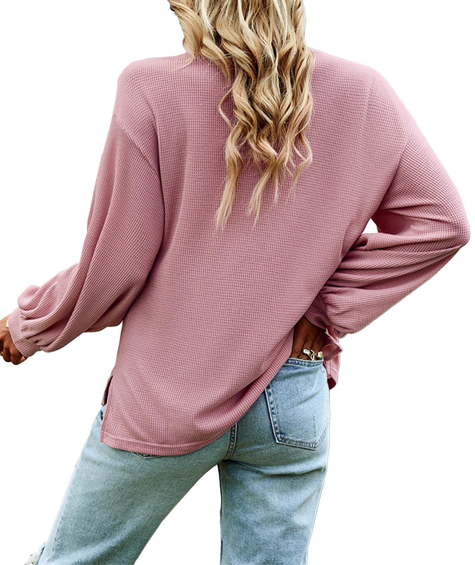 SOMTHRON Women's V-Neck Loose Knit Shirt - Casual Long Sleeve Button Down Waffle Henley Pullover Tunic Top for Women | Perfect for Work, Date Night & Weekend Outfits