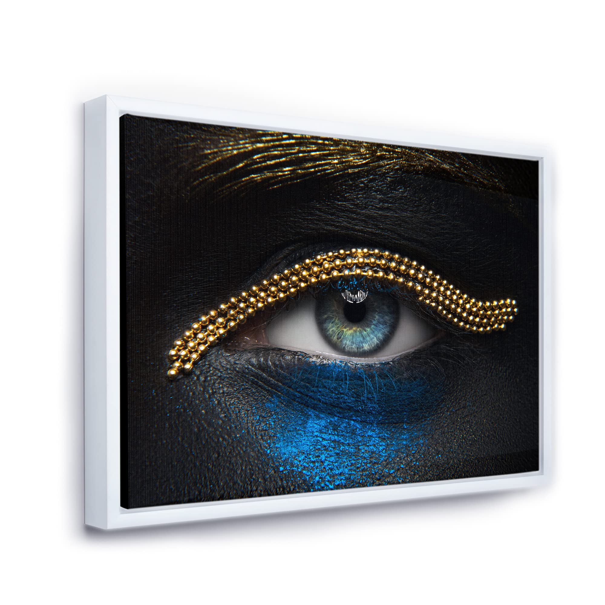DesignQ Modern Framed Canvas Wall Art - Gold Chain & Blue Pigment Woman Eyes Painting - Perfect for Living Room, Bedroom & Office Decor