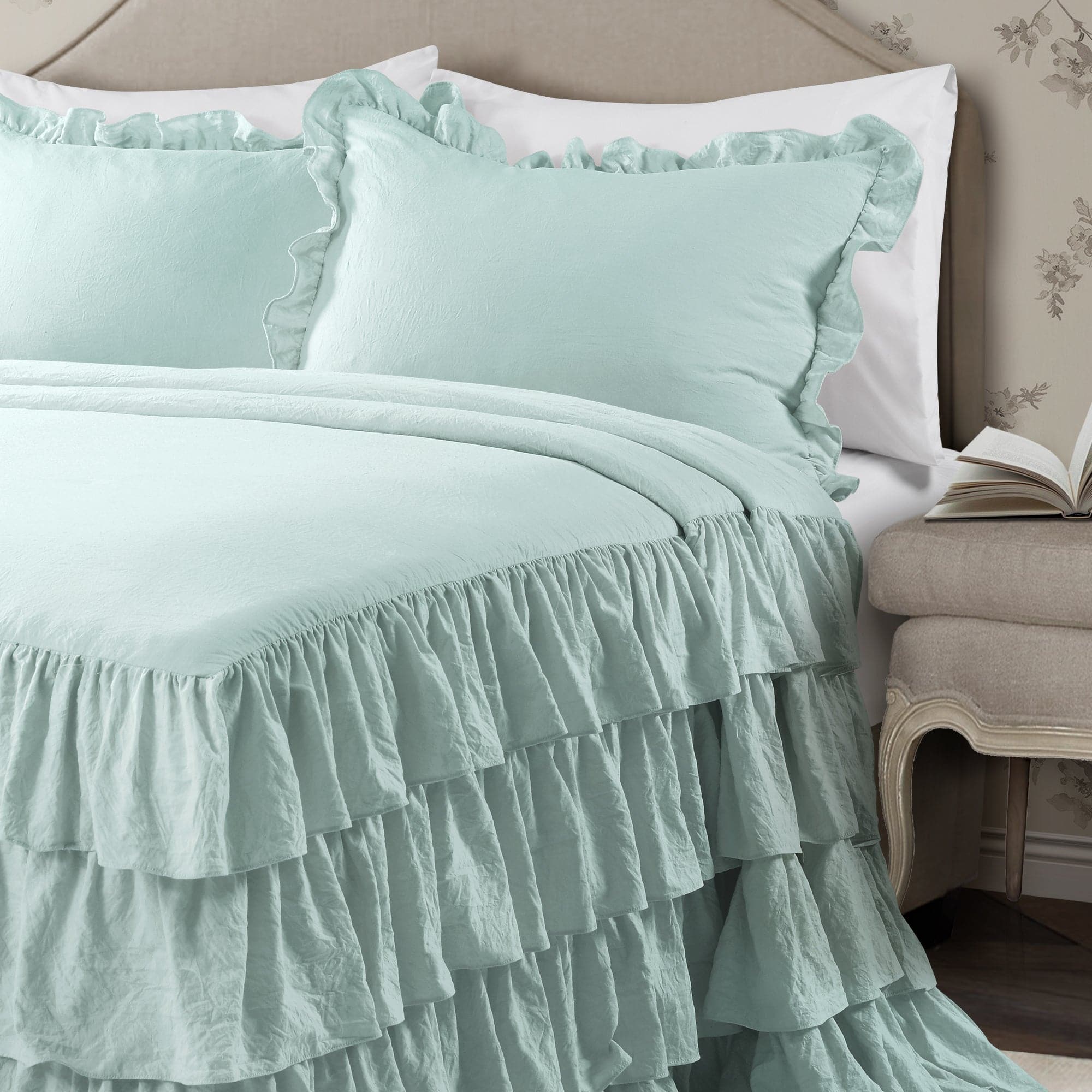 Allison Ruffle Skirt Bedspread Set - Elegant Floral Printed Queen Size Bedding with Ruffled Skirt | Perfect for Master Bedroom, Guest Room & Vacation Home Decor