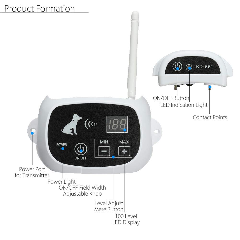 Wireless Dog Fence System - Safe & Effective Electric Pet Containment with Waterproof Collar, Adjustable Shock/Beep Intensity & Display Distance - Ideal for 3 Dogs - Perfect for Backyard, Farm & Large Property Pet Safety