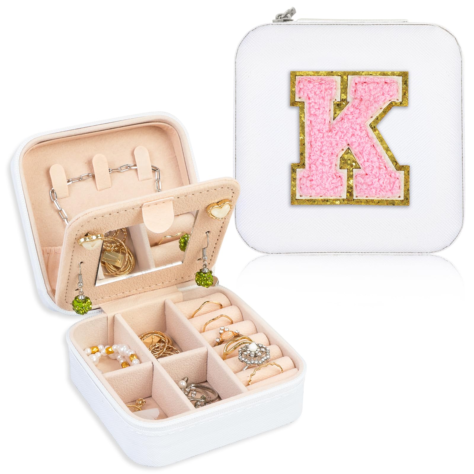 FUNARTY Travel Jewelry Organizer Box with Mirror - Compact Jewelry Case for Earrings, Necklaces & Rings - Perfect Gift for Women & Girls - White Initial K Design - Ideal for Travel, Home Storage & Daily Use