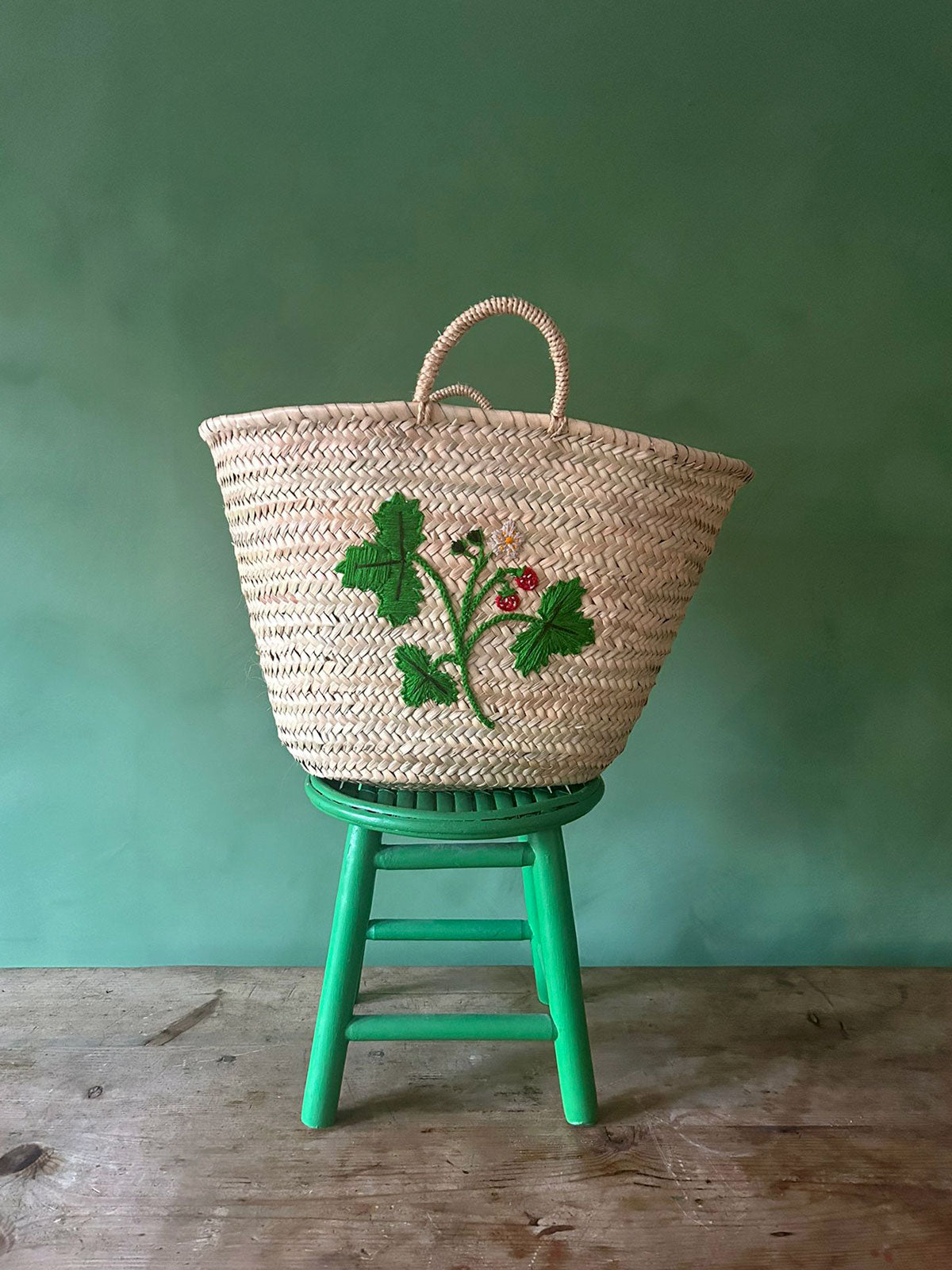 Hand Embroidered Market Basket with Wild Strawberry Design - Eco-Friendly Cotton Tote for Grocery Shopping, Farmers Market & Picnic Essentials