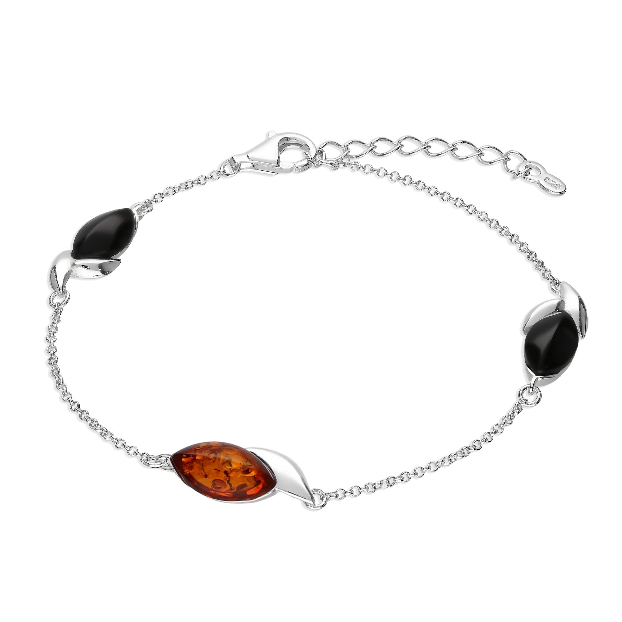 Whitby Jet & Amber Sterling Silver Three Leaf Marquise Bracelet – Elegant Jewelry for Women, Perfect for Weddings, Parties & Special Occasions