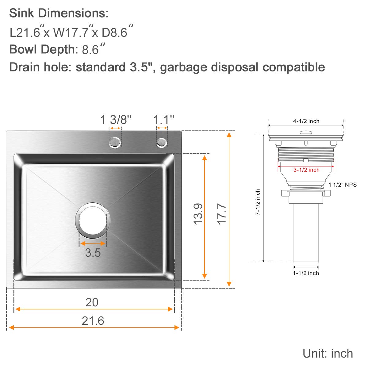 ROVATE 21.6-inch Drop-in Topmount Kitchen Sink - 304 Stainless Steel Single Bowl Bar Sink for Kitchen & Home - Perfect for Food Prep, Dishwashing & Entertaining
