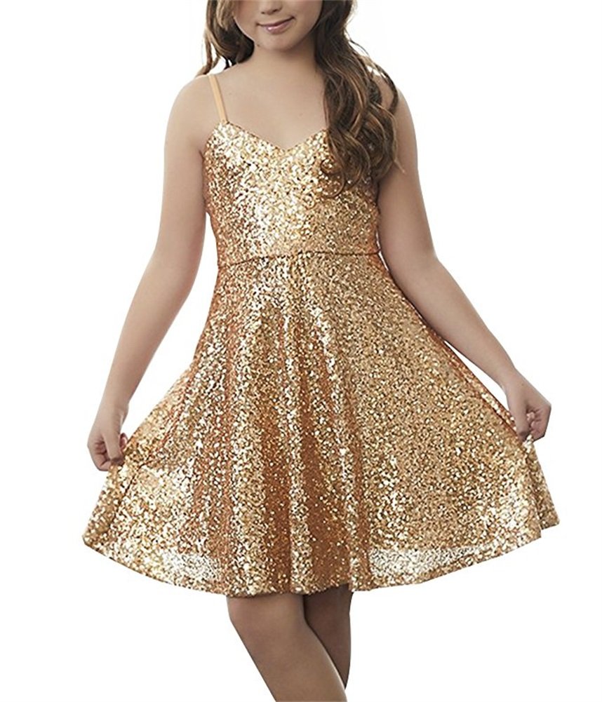 Sparkly Sequin Bridesmaid Dress Short A-Line Spaghetti Strap Evening Gown for Prom, Wedding Party, Cocktail & Special Occasions