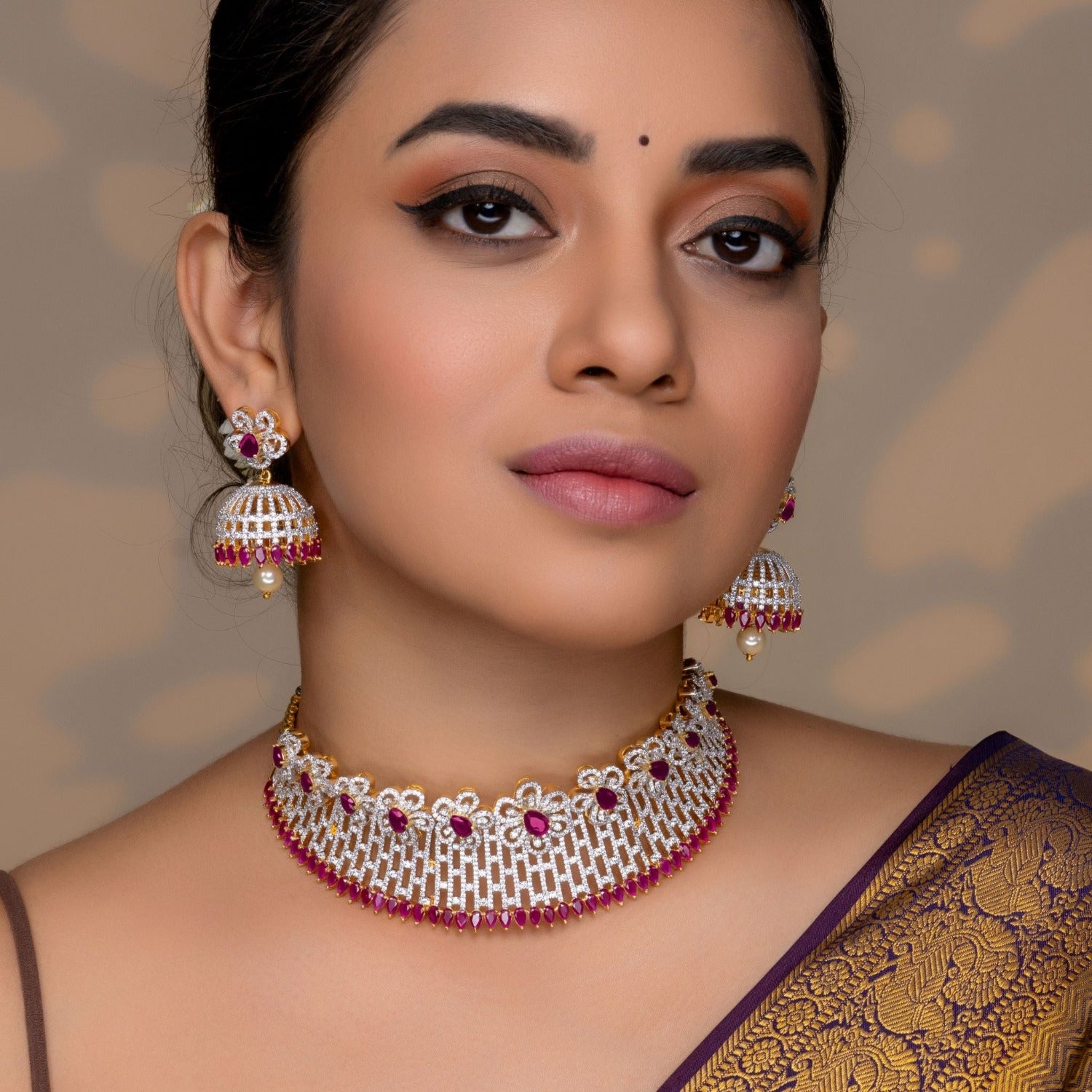 Elegant Lilac Floral Red Nakshatra CZ Choker Necklace Set | Cubic Zirconia Bridal Jewelry for Women | Perfect for Weddings, Parties & Special Occasions