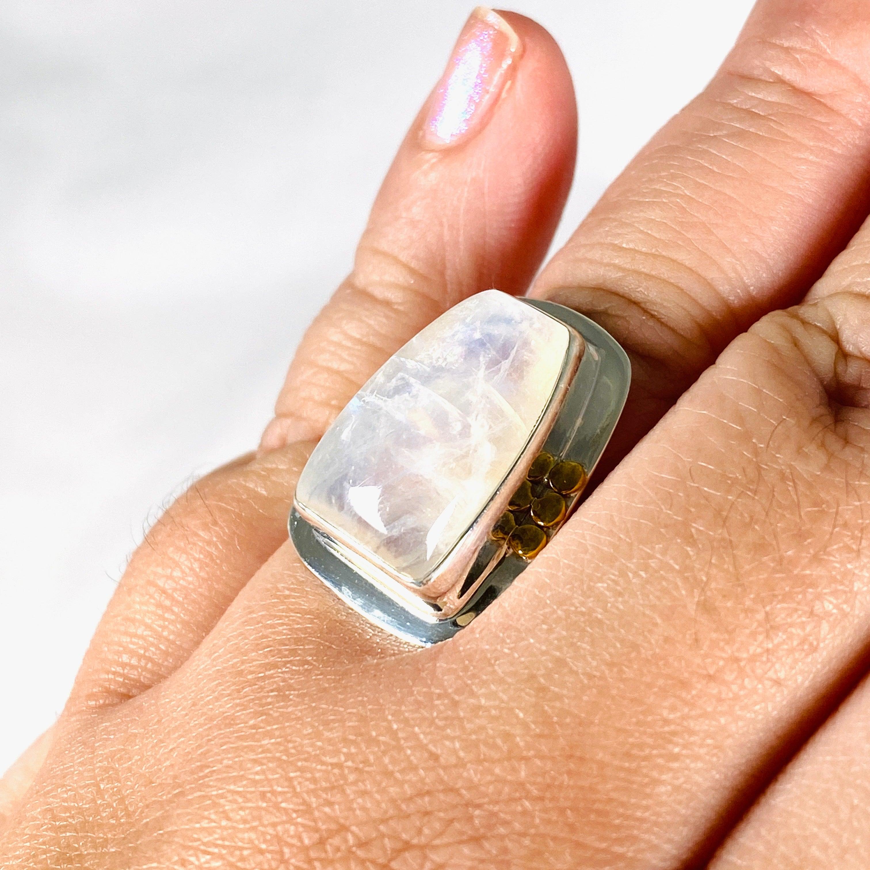 Moonstone Freeform Ring with Brass Detailing - Size 10 - KRGJ3035 - Boho Chic Jewelry for Women, Perfect for Everyday Wear & Special Occasions