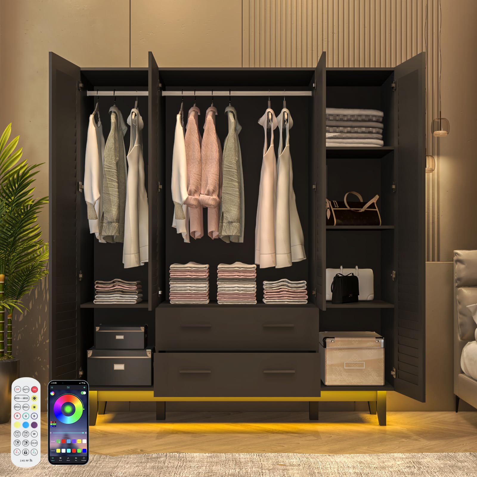4 Door Armoire Wardrobe Closet with LED Lights, Drawers & Hanging Rod - Large Capacity Storage Cabinet for Bedroom with Multi-Tier Shelves & Louver Doors (Black) - Perfect for Organizing Clothes, Shoes & Accessories in Master Bedroom or Guest Room