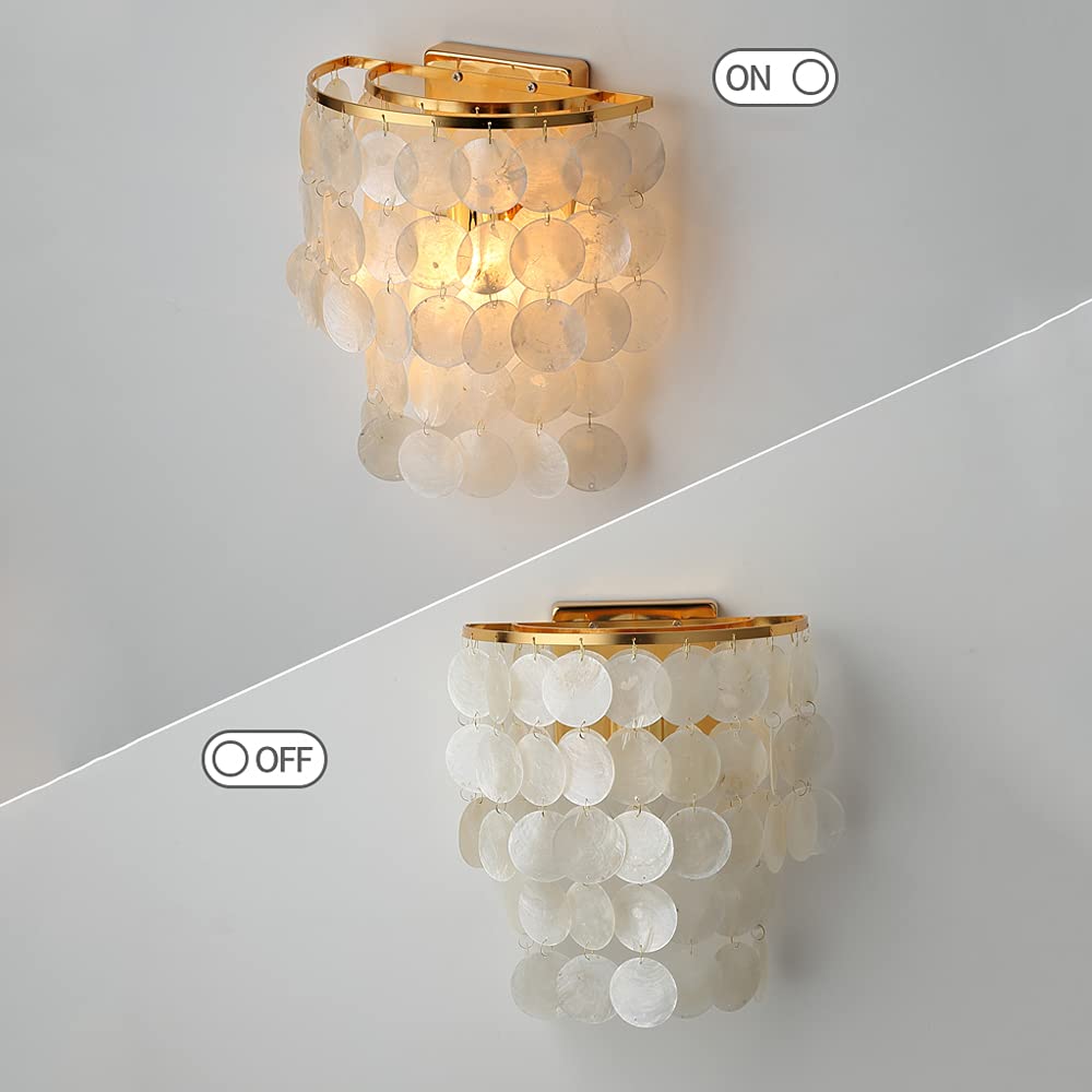 KWOKING Modern Seashell Wall Sconce Light - Gold Finish Bedside Lighting Fixture for Bedroom, Living Room & Coastal Decor