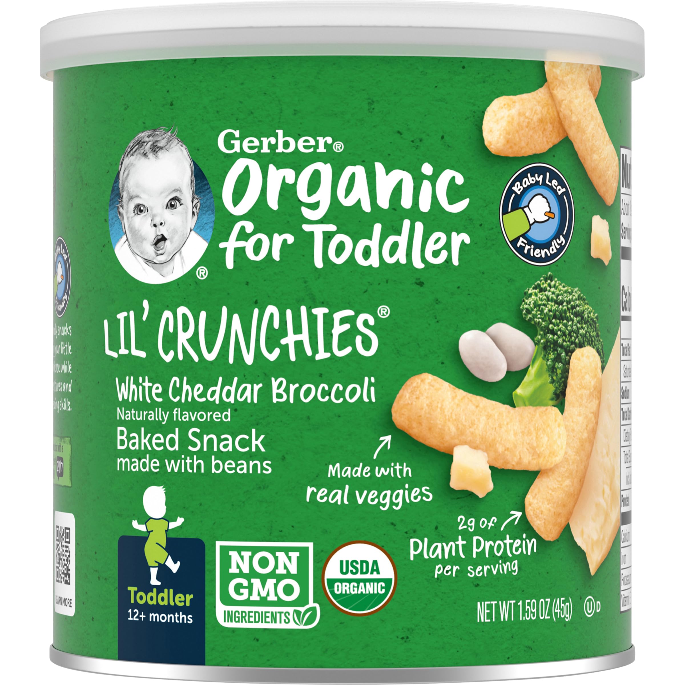 Organic Baby Snacks - Gerber Lil Crunchies White Cheddar & Broccoli 1.59oz (6 Pack) | Healthy Toddler Finger Food for On-the-Go, Daycare & Travel Snacking