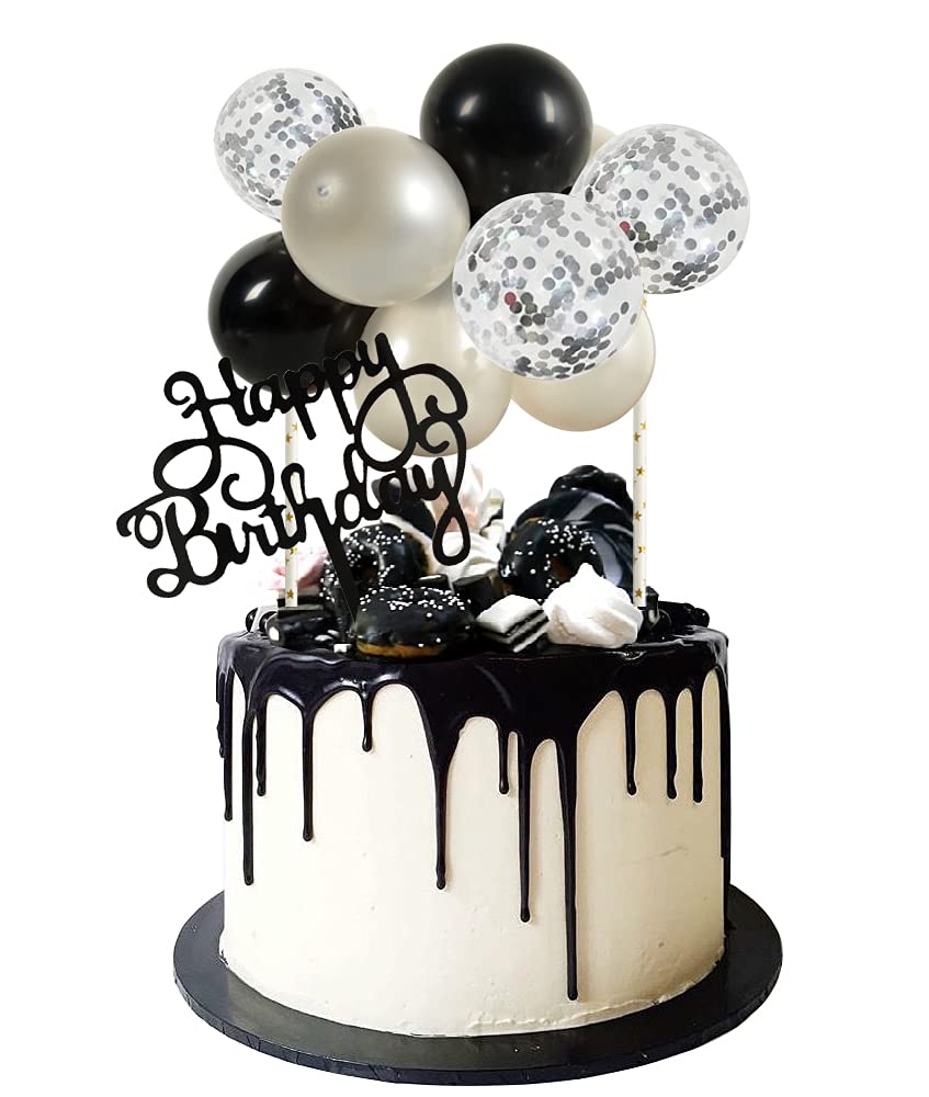 BEISHIDA 5 Inch 10pcs Silver Black Balloon Cloud Cake Topper - Happy Birthday Cake Decorations, Mini Balloon Garland with Letters for Birthday Party, Wedding, Baby Shower & Anniversary Celebrations