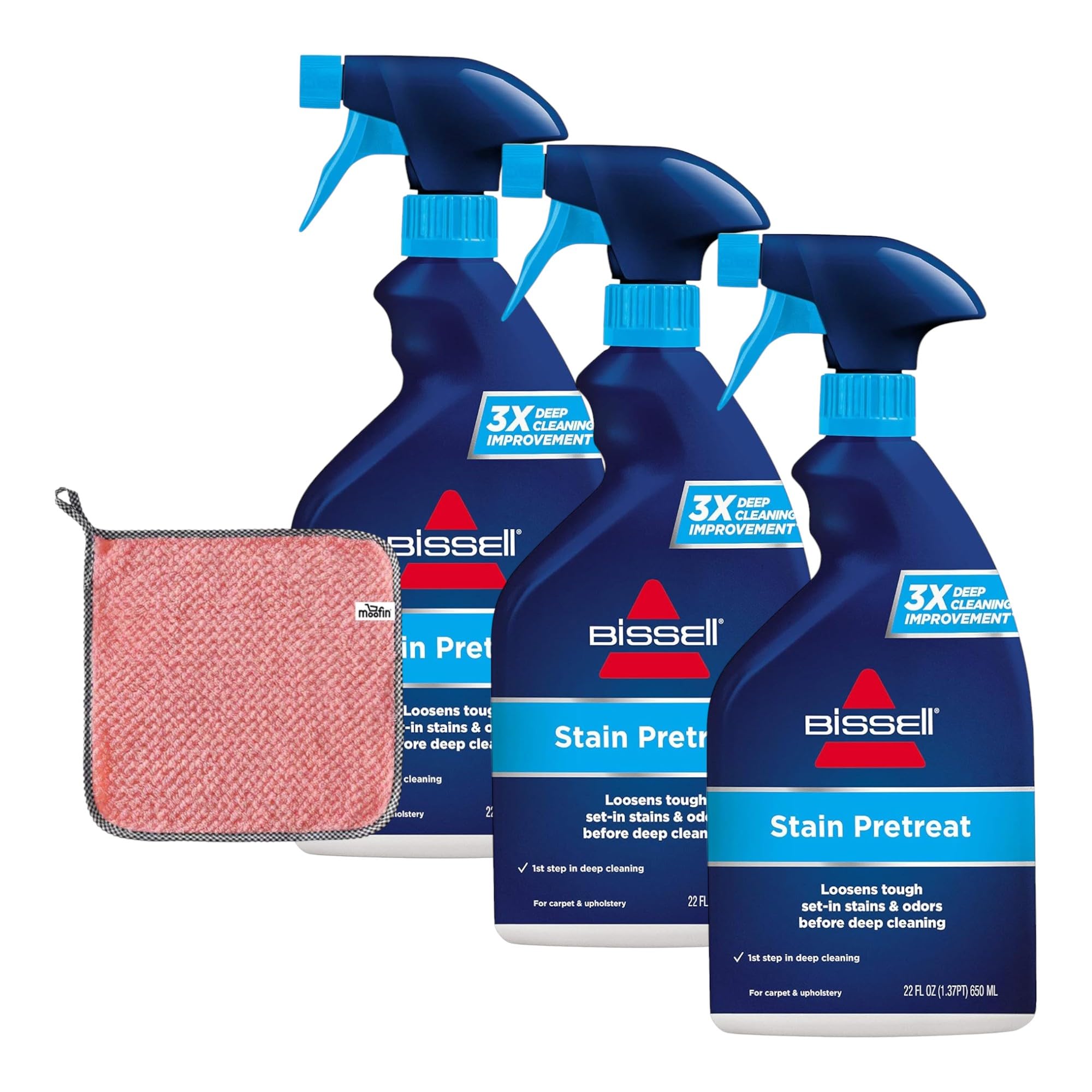 Stain Pretreat Spray for Carpets & Upholstery - 22 fl oz Enzymatic Formula Removes Tough Stains | Includes Cleaning Towel | Pack of 3 | Ideal for Pet Accidents, Food Spills & Household Messes