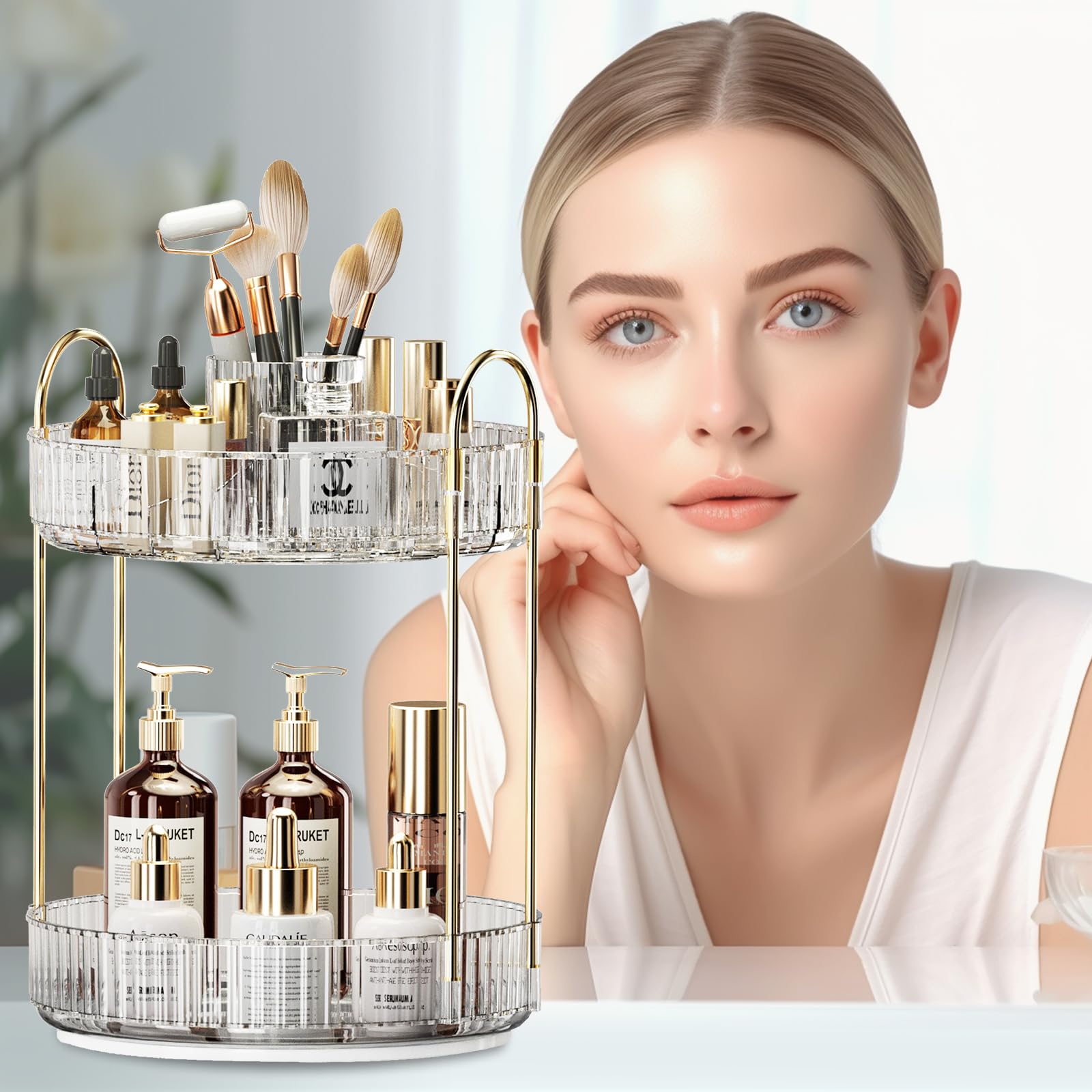 360° Rotating Makeup Organizer with Brush Holder - Large Capacity 2-Tier Cosmetic & Skincare Storage for Perfume, Makeup & Beauty Products - Perfect for Bedroom Vanity, Bathroom Counter & Dresser Organization (White) - Ideal for Daily Beauty Routine & Travel Storage