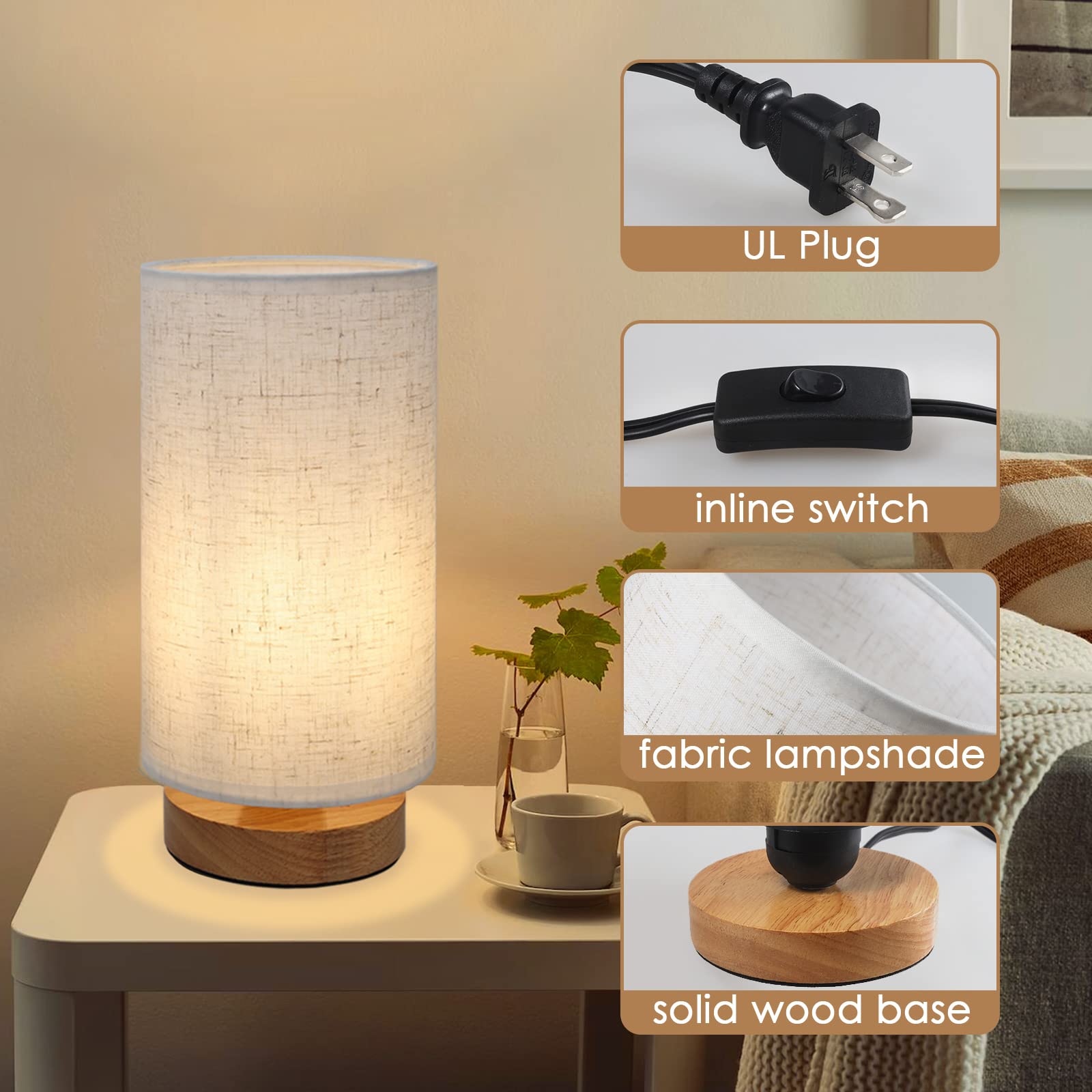 Minimalist Round Flaxen Fabric Shade Bedside Table Lamp - Warm White Nightstand Light for Bedroom, Living Room & Dorm (Bulb Included) | Perfect for Reading, Relaxing & Creating Cozy Ambience