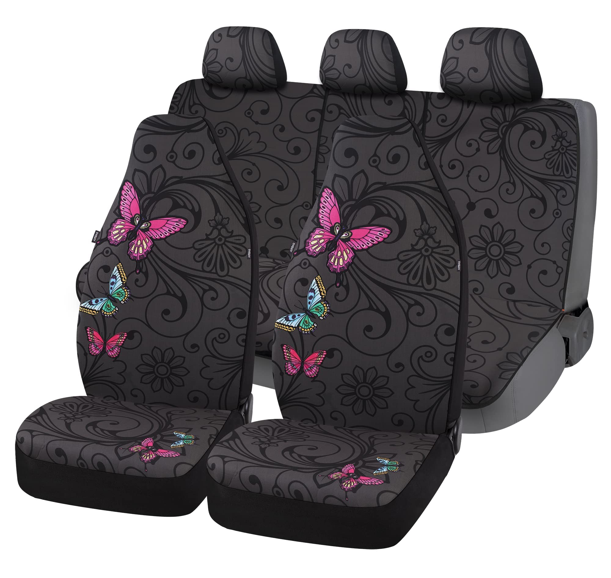 Universal Butterfly Design Car Seat Covers - 6-Piece Polycloth Full Set with High Back & Airbag Compatibility for Cars, Trucks, SUVs & Vans | Perfect for Road Trips, Commuting & Protecting Your Vehicle Interior (Red Butterfly Pattern)