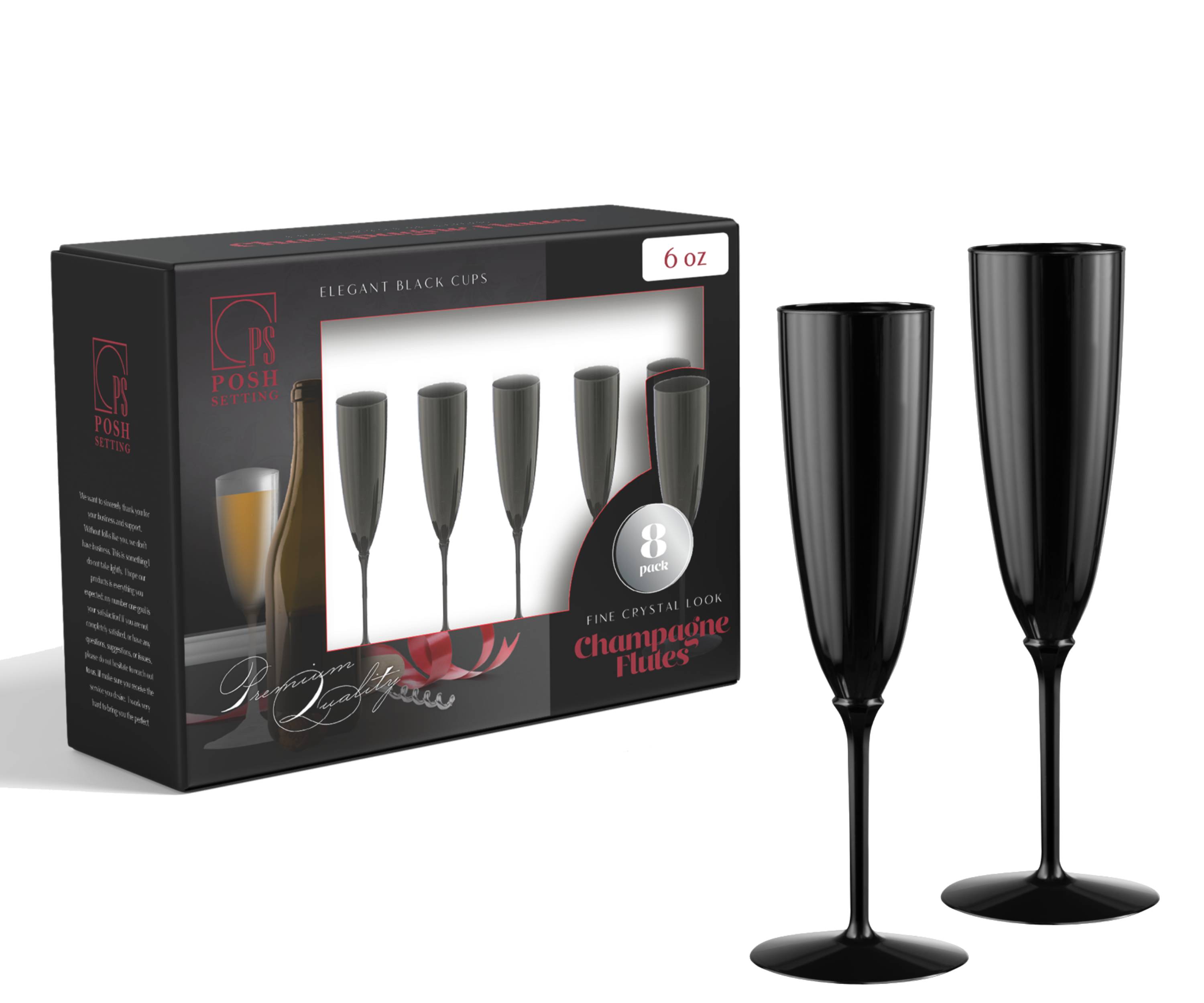 8 Pack 6 Oz Black Plastic Champagne Flutes - Disposable Elegant Party Cups for Weddings, Events & Celebrations