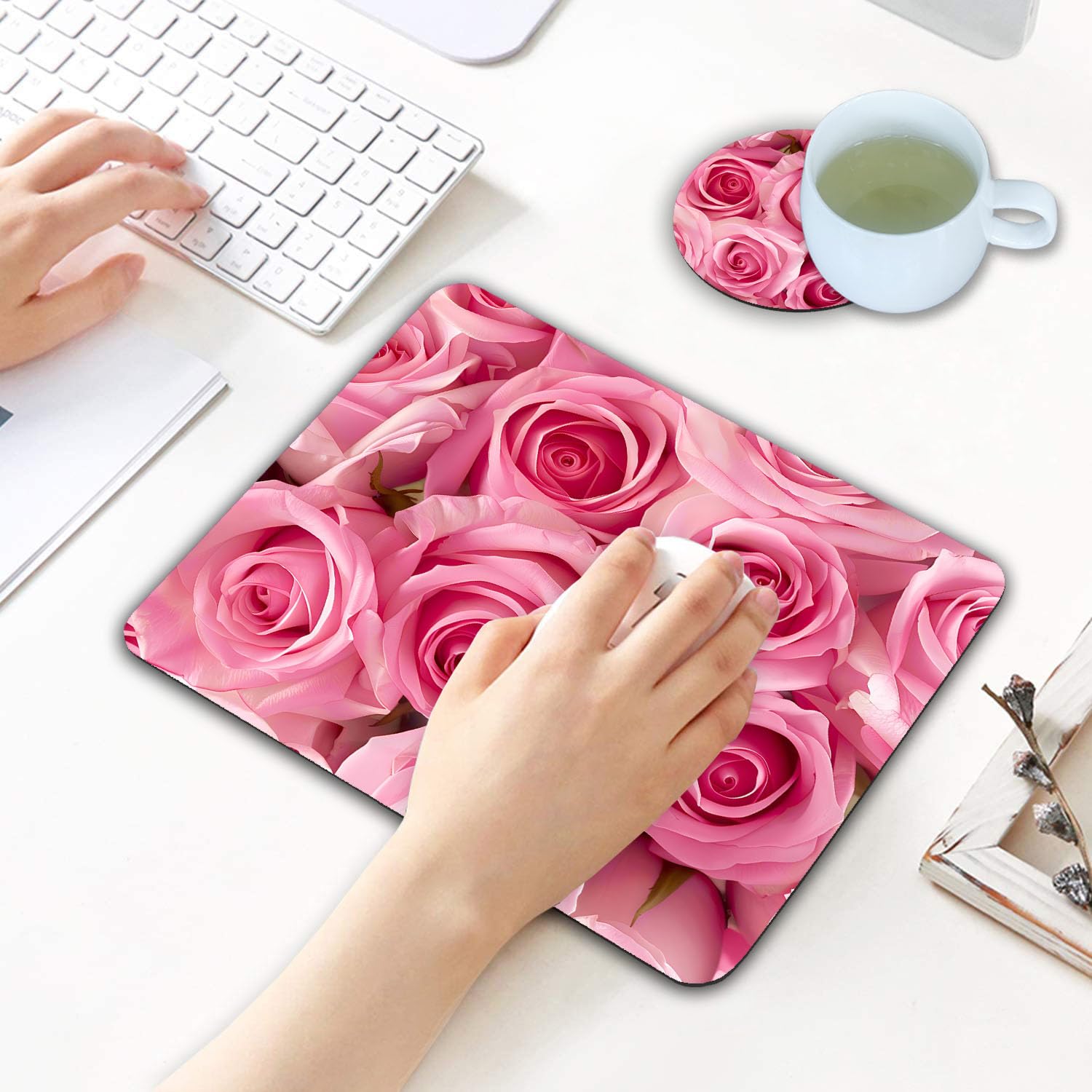 Pink Roses Mouse Pad and Coasters Set - Non-Slip Rubber Base Rectangle Mouse Pad for Laptop, Computer & Office Accessories | Perfect for Home, Office & Gaming Setup