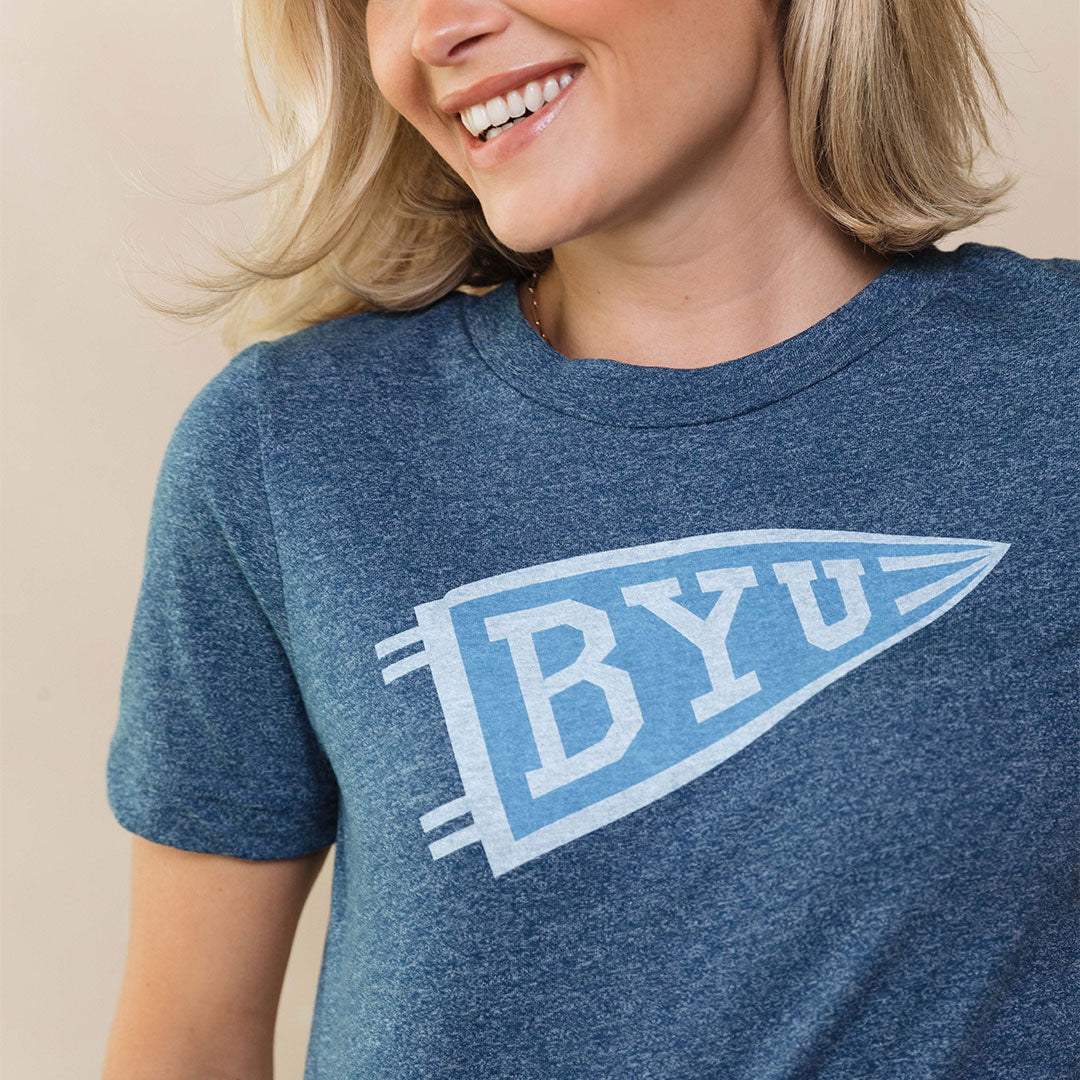 BYU Boyfriend T-Shirt - Navy Blue Tilted Flag Design - Comfortable Casual Wear for College, Game Day & Everyday Outfits