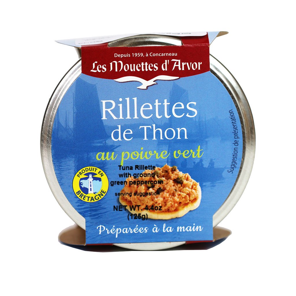 Les Mouettes d'Arvor Premium Tuna Rillettes with Green Peppercorns - 125g Glass Jar - French Gourmet Spread for Crackers, Sandwiches & Charcuterie Boards