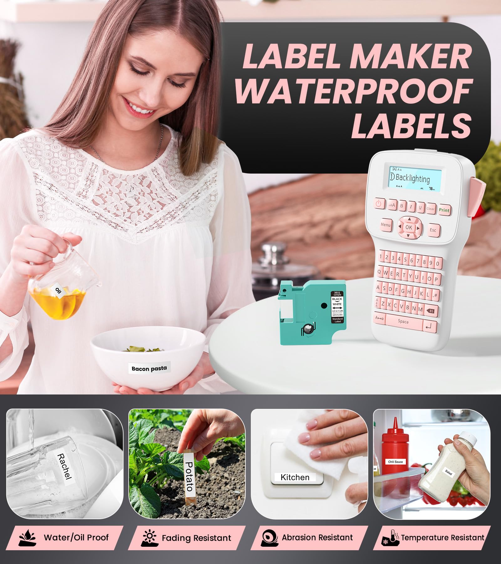 Rechargeable Bluetooth Label Maker with Keyboard - LM1600 Handheld Labeling Machine, Backlit Large Display, Portable Labeler for Home Office & School Organization (Pink) | Perfect for Organizing Files, Storage Boxes, and Office Supplies