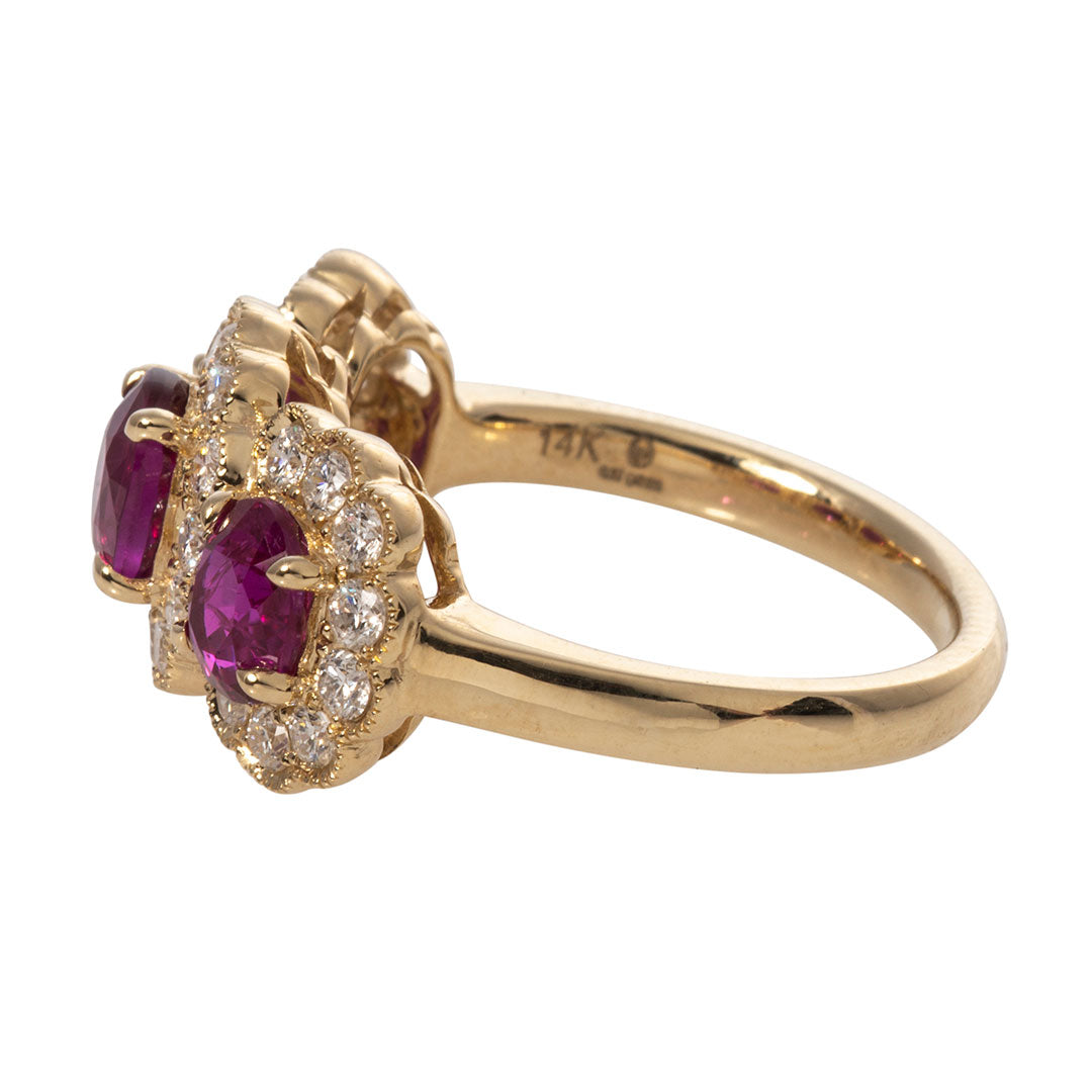 Exquisite Three Stone Oval Ruby & Diamond Halo 14K Yellow Gold Engagement Ring for Women - Perfect for Proposals, Anniversaries & Special Occasions