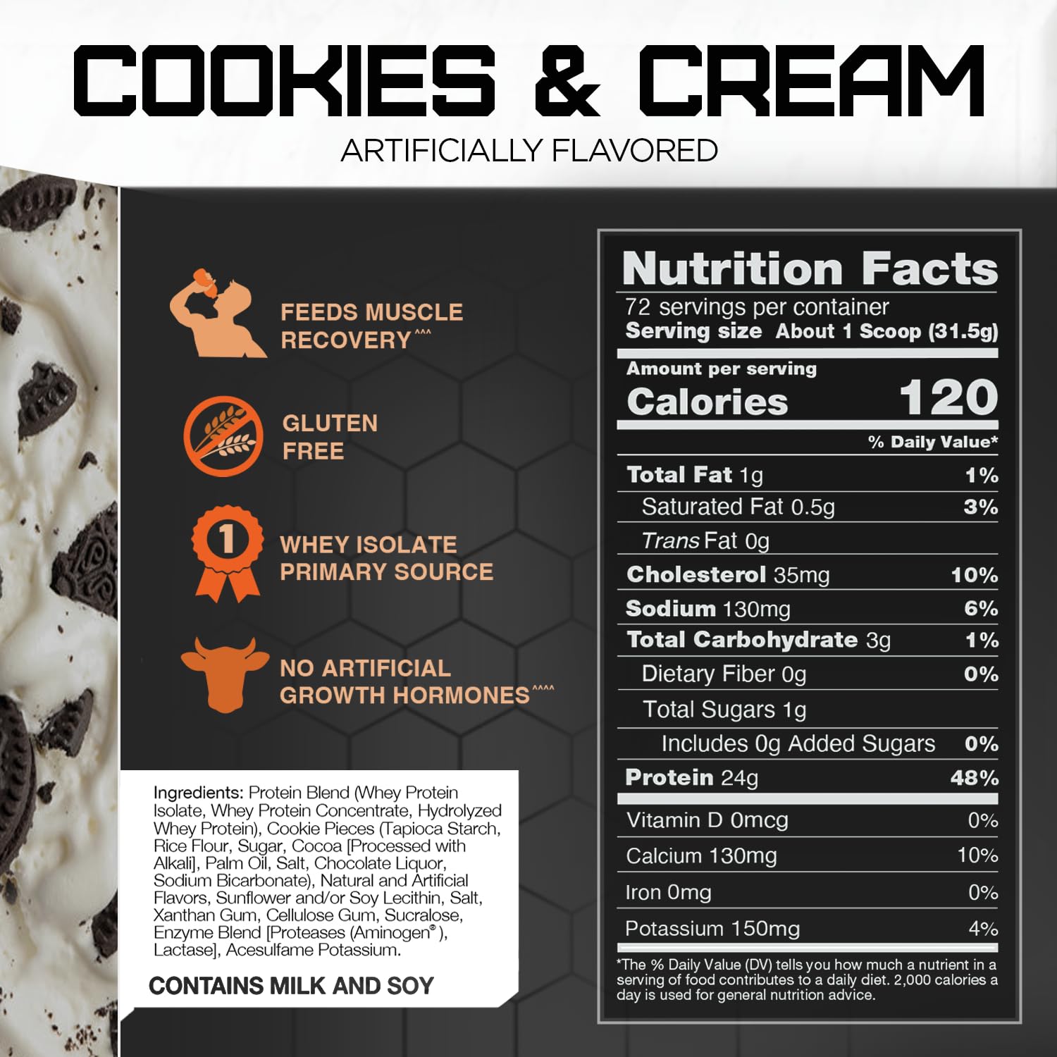RIVAL NUTRITION Rival Whey Protein Powder - Cookies & Cream Flavor, 5lbs (2.27kg) for Muscle Recovery & Post-Workout Shakes | Gym, Fitness & Bodybuilding Supplement
