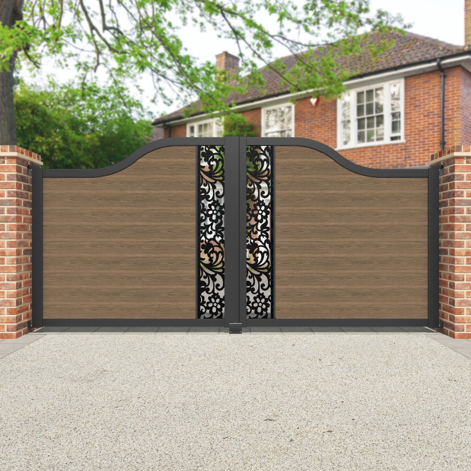 Classic Eden Curved Top Teak Driveway Gate with Middle Screen - Elegant & Durable Entryway Solution for Homes, Villas, and Estates
