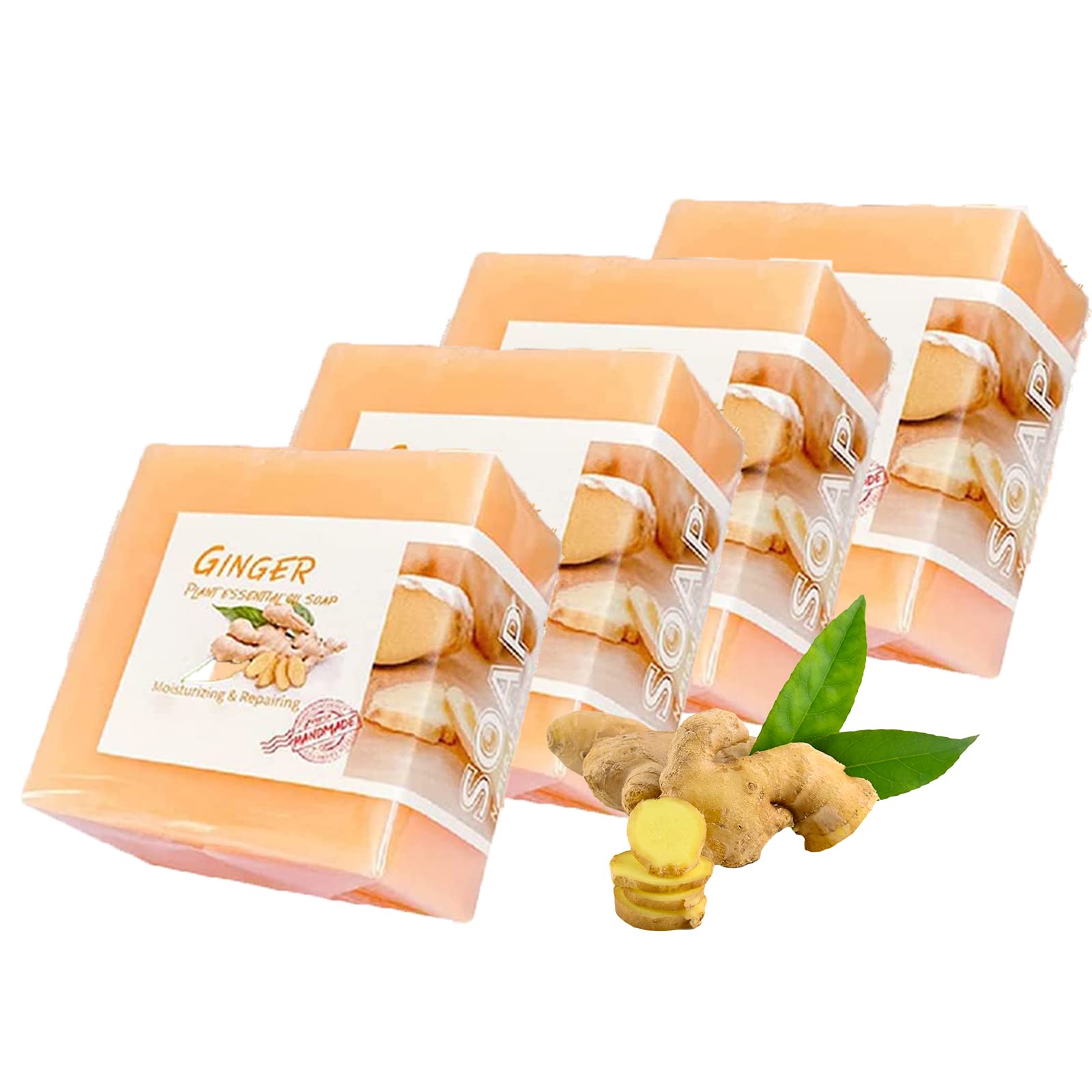 Organic Ginger & Turmeric Essential Oil Soap Bar - All Natural Handmade Lymphatic Detox Soap for Face & Body - Plant-Based Cleansing Bar for All Skin Types - 4 Pack - Perfect for Spa, Bath & Skincare Routine