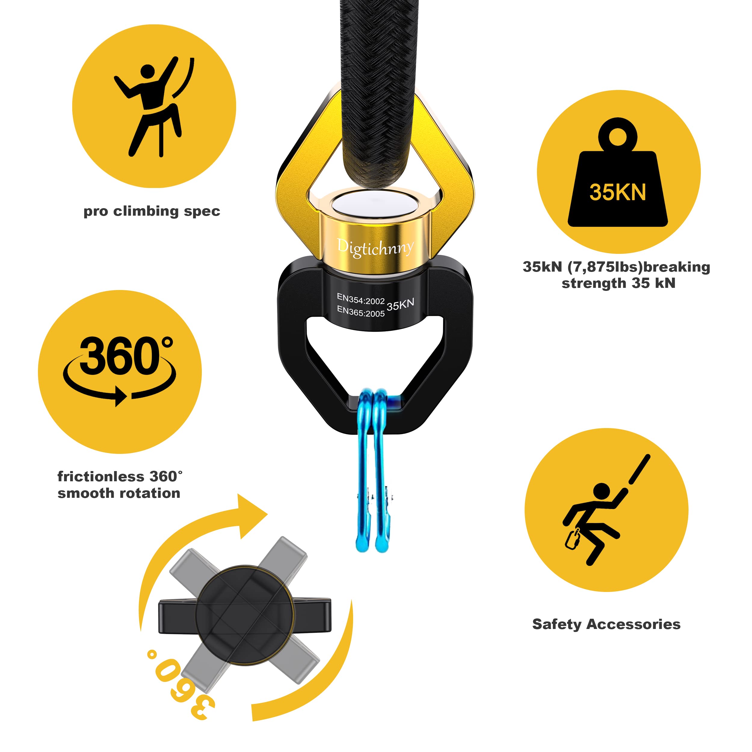 Heavy Duty 35KN Swing Swivel - Rotational Safety Device for Tree Rope Swing, Aerial Yoga, Hammock Hanging - Includes 2 Black Gold Carabiners - Perfect for Backyard Play, Circus Training & Outdoor Adventure Gear
