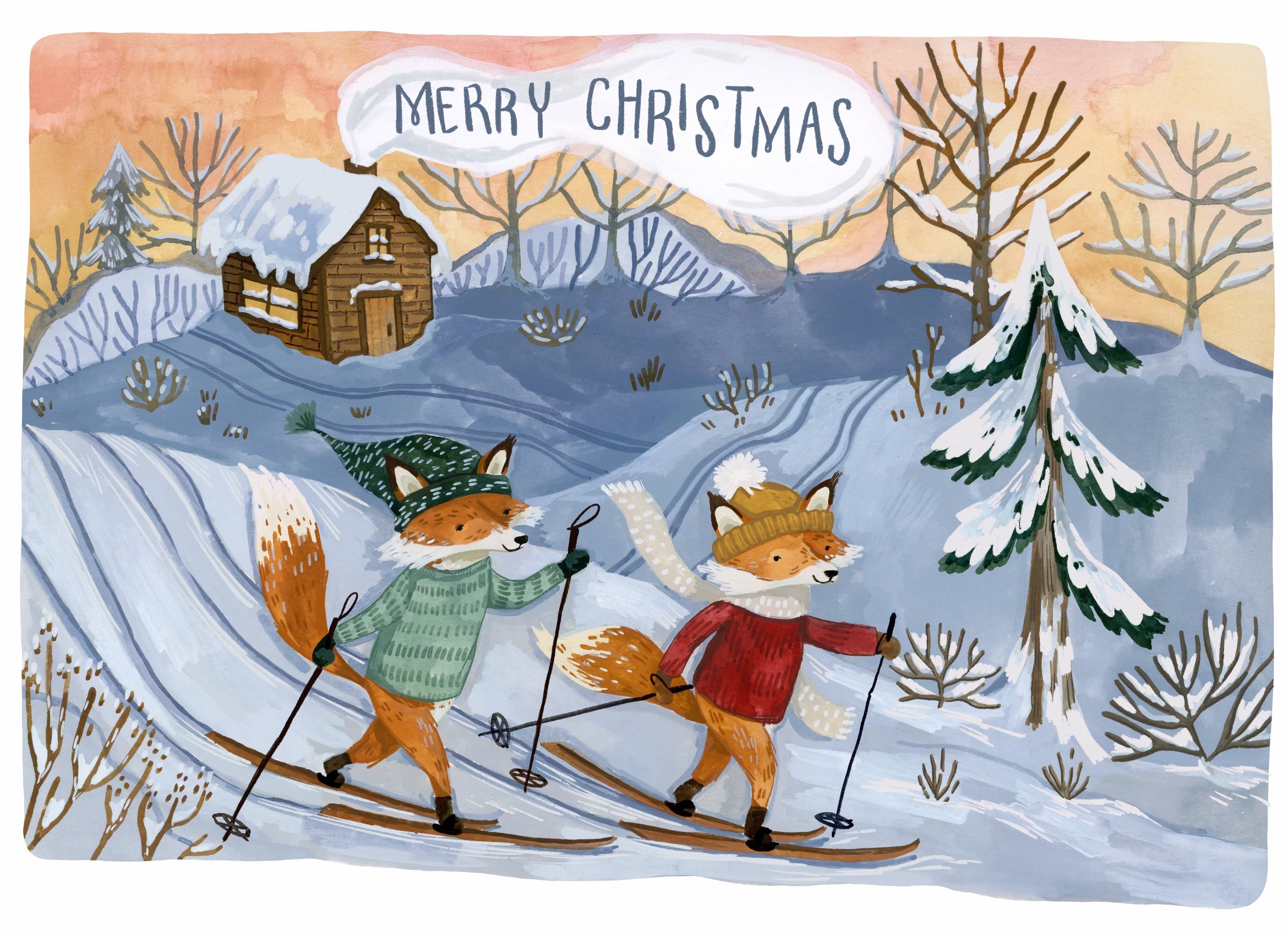Festive Skiing Foxes Christmas Greeting Cards - Holiday Season Cards for Friends & Family - Perfect for Christmas Wishes, Holiday Parties & Winter Decorations