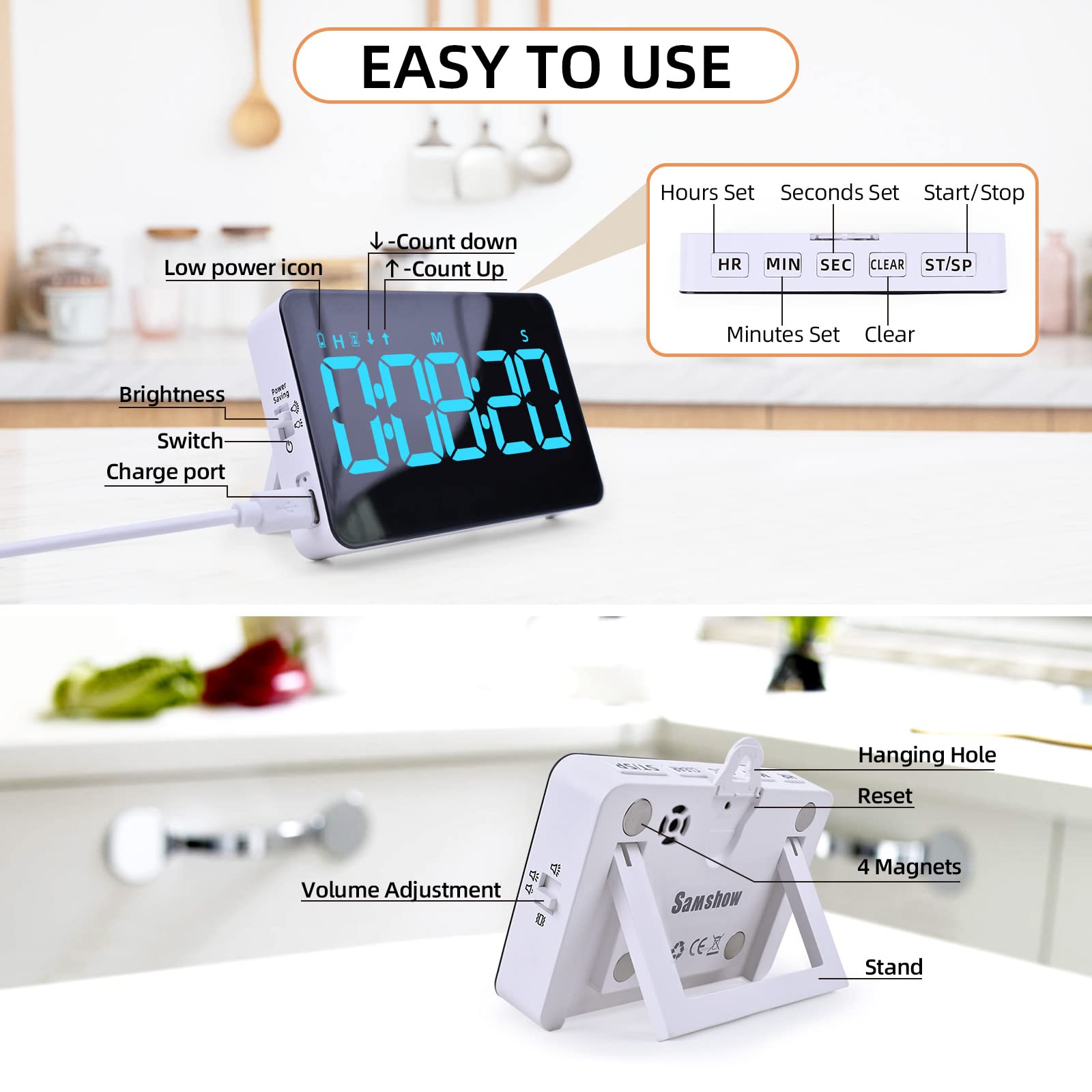 Rechargeable Digital Kitchen Timer with Magnetic Back - Countdown/Countup, 5