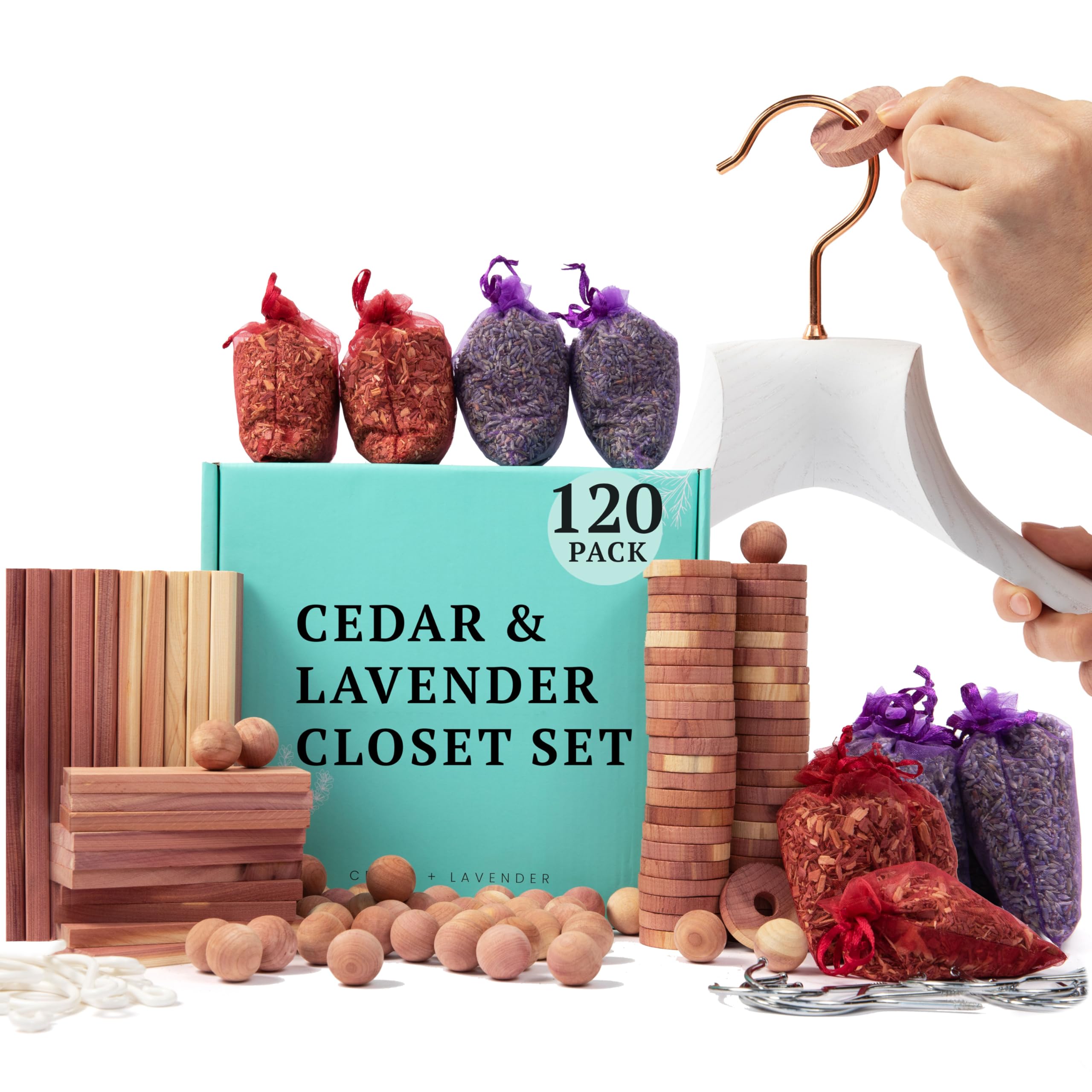 120-Piece Lavender & Cedar Scented Closet Freshener Pack - Natural Cedar Balls, Hanger Rings & Scent Bags for Clothes Storage & Closet Protection - Wardrobe & Storage Organizer for Fresh, Fragrant Spaces