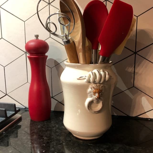 Italian Ceramic Utensil Holder - Hand Painted Wine Bottle Holder, Rustic Tuscan Art Pottery, White Shabby Chic Design, Made in Italy | Perfect for Kitchen Organization & Wine Storage Decor