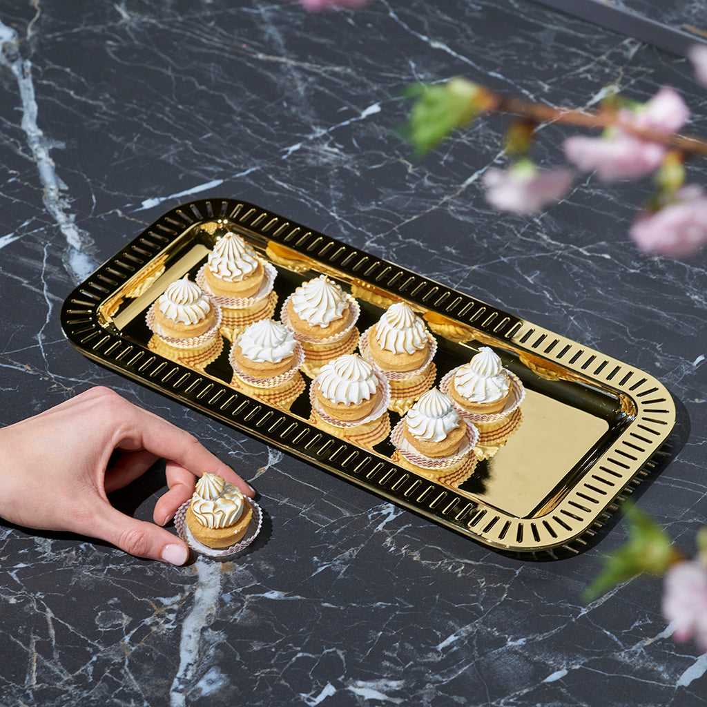 Gold Rectangular Serving Tray with Striations - Elegant Appetizer Platter for Parties, Weddings & Home Decor