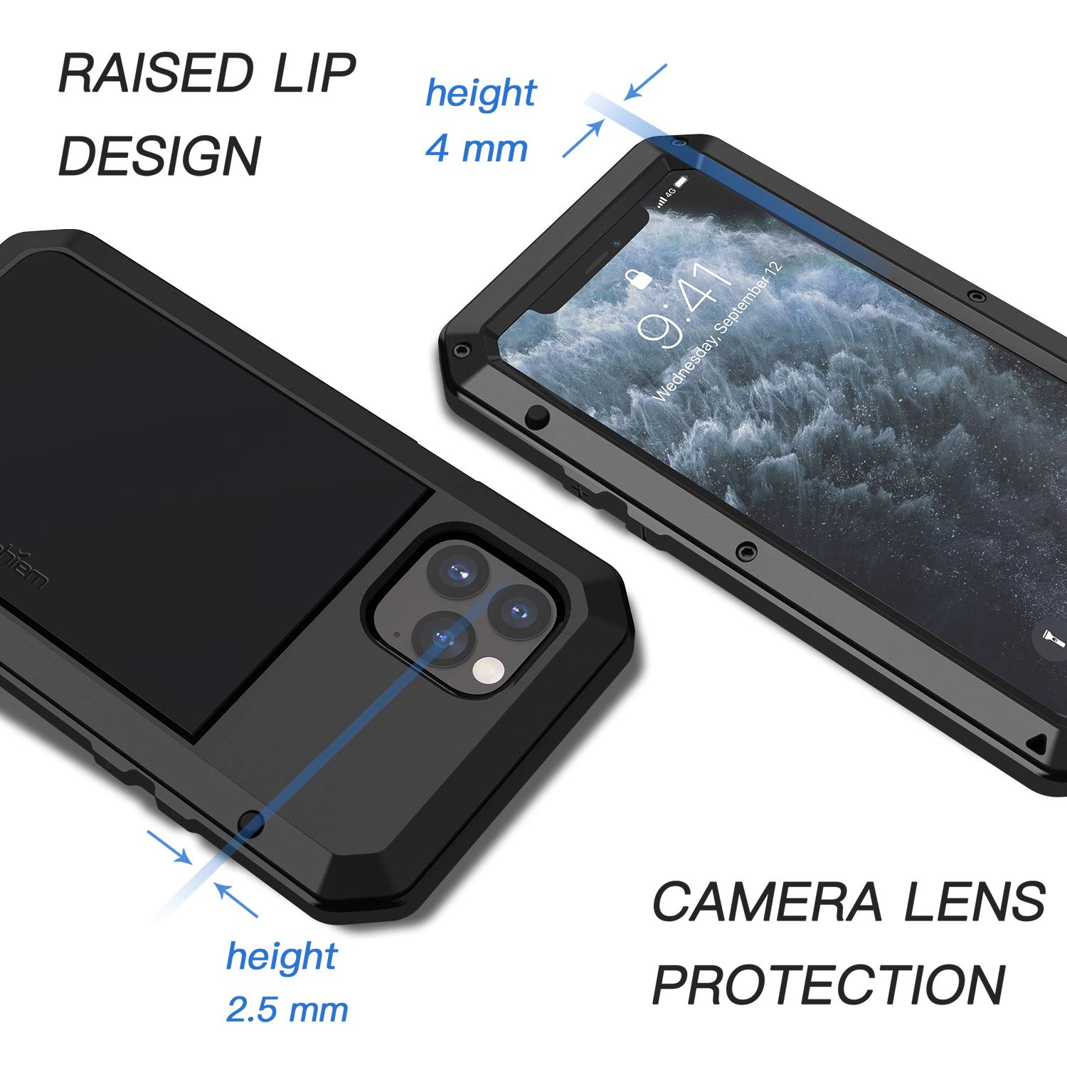 Lanhiem Heavy Duty Shockproof iPhone 11 Pro Max Case - Tough Armor Metal Cover with Built-in Screen Protector | 360° Full Body Protection, Dust Proof Design (Black) | Perfect for Outdoor Activities, Travel & Extreme Sports