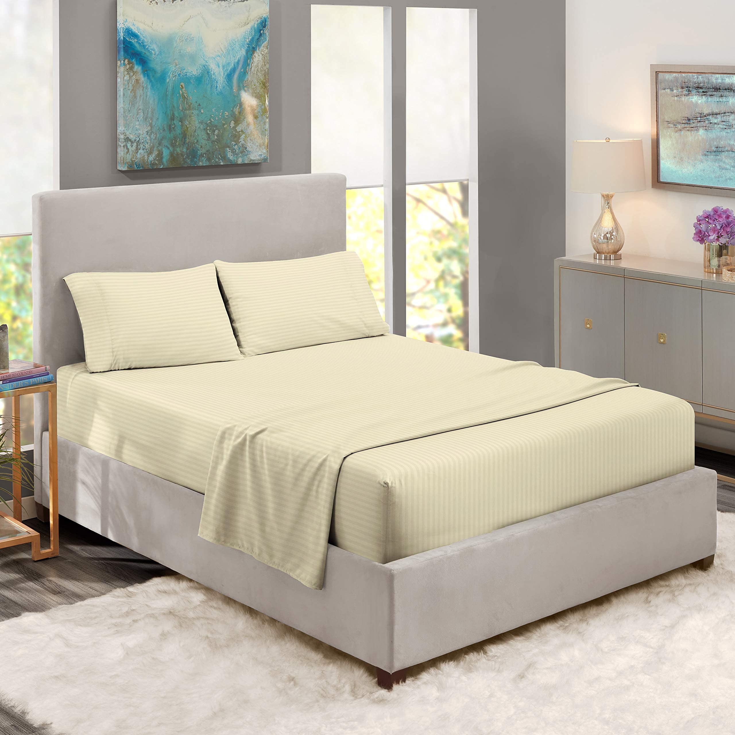 Split King Sheets for Adjustable Beds - 5-Piece 100% Cotton Deep Pocket Sheet Set with Ivory Stripe - Breathable & Soft Bedding for Adjustable Mattress - Perfect for Master Bedroom, Guest Room, or RV