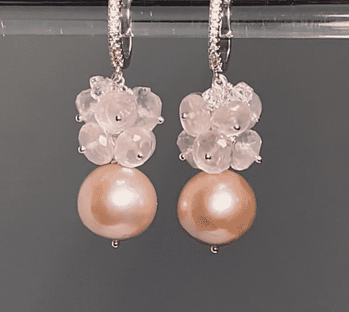 Round Pink Pearl Earrings with Rose Quartz Clusters - Elegant Dangle Earrings for Women, Perfect for Weddings, Parties & Special Occasions