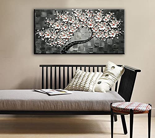 24x48 Inch Hand-Painted Contemporary Abstract Oil Painting - White Flowers Tree 3D Canvas Wall Art for Living Room, Bedroom & Office Decor | Modern Floral Home Decor